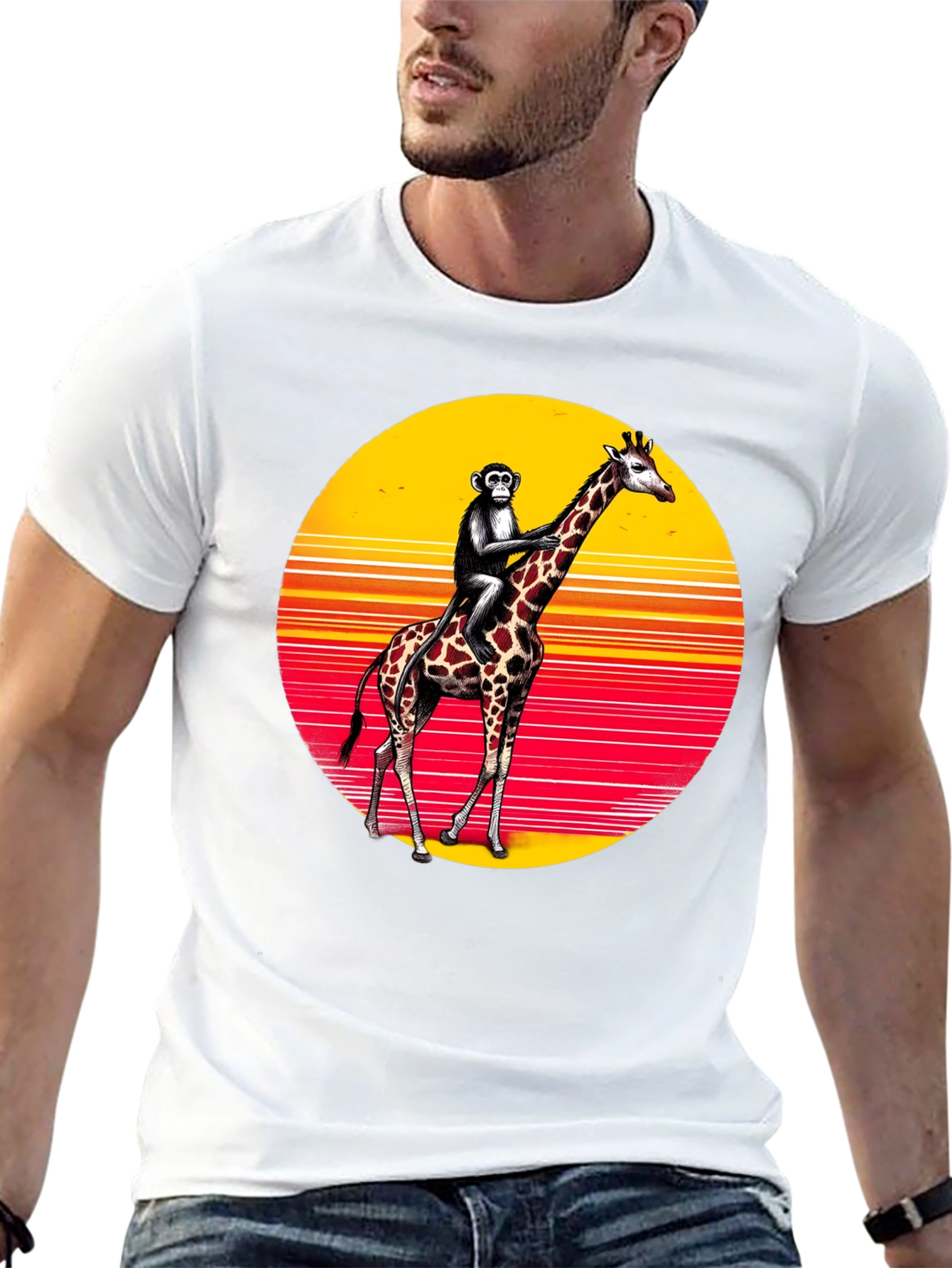 Monkey Riding Giraffe Sunset Tee