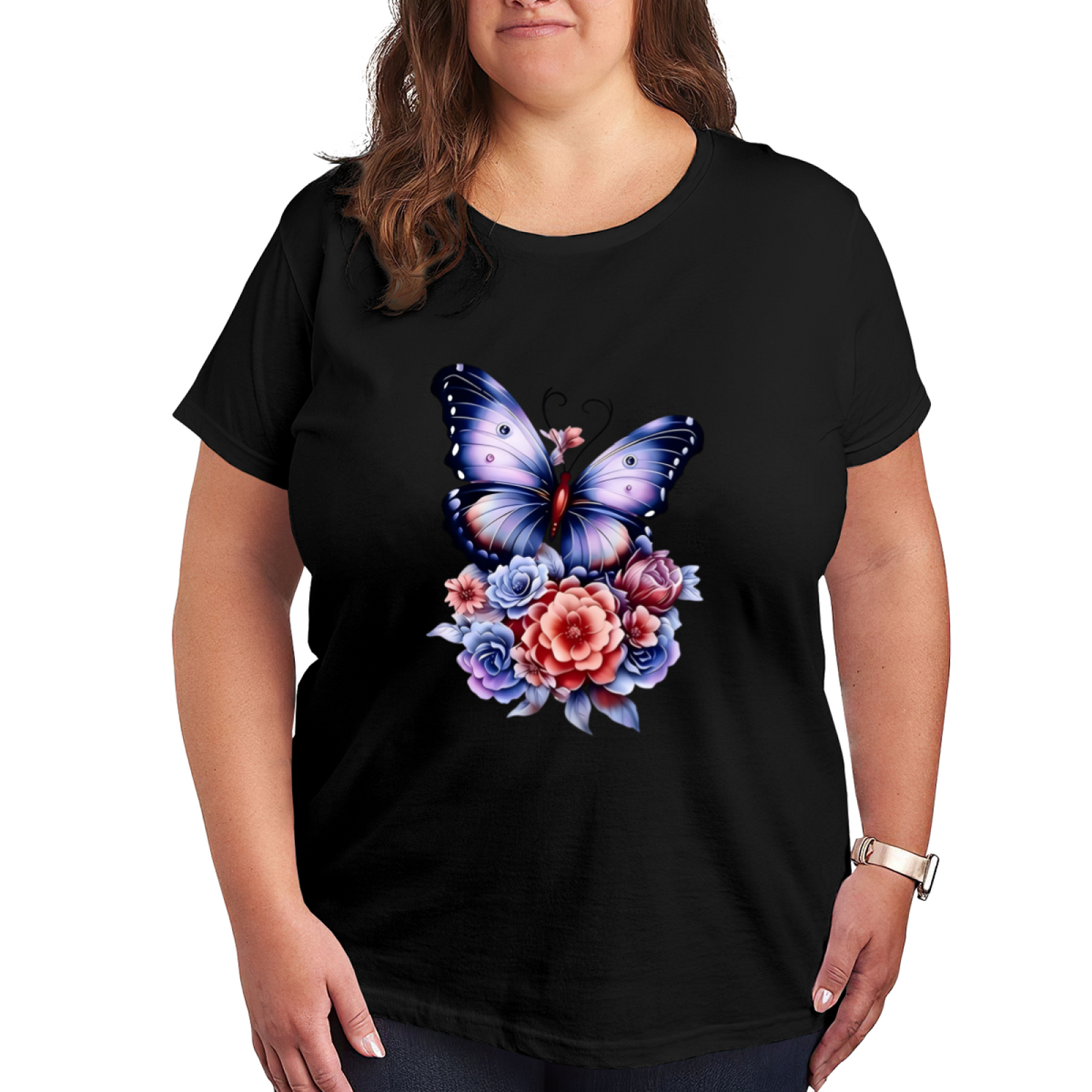 Gradient Purple Butterfly Mixed Roses Plus Size T-Shirt