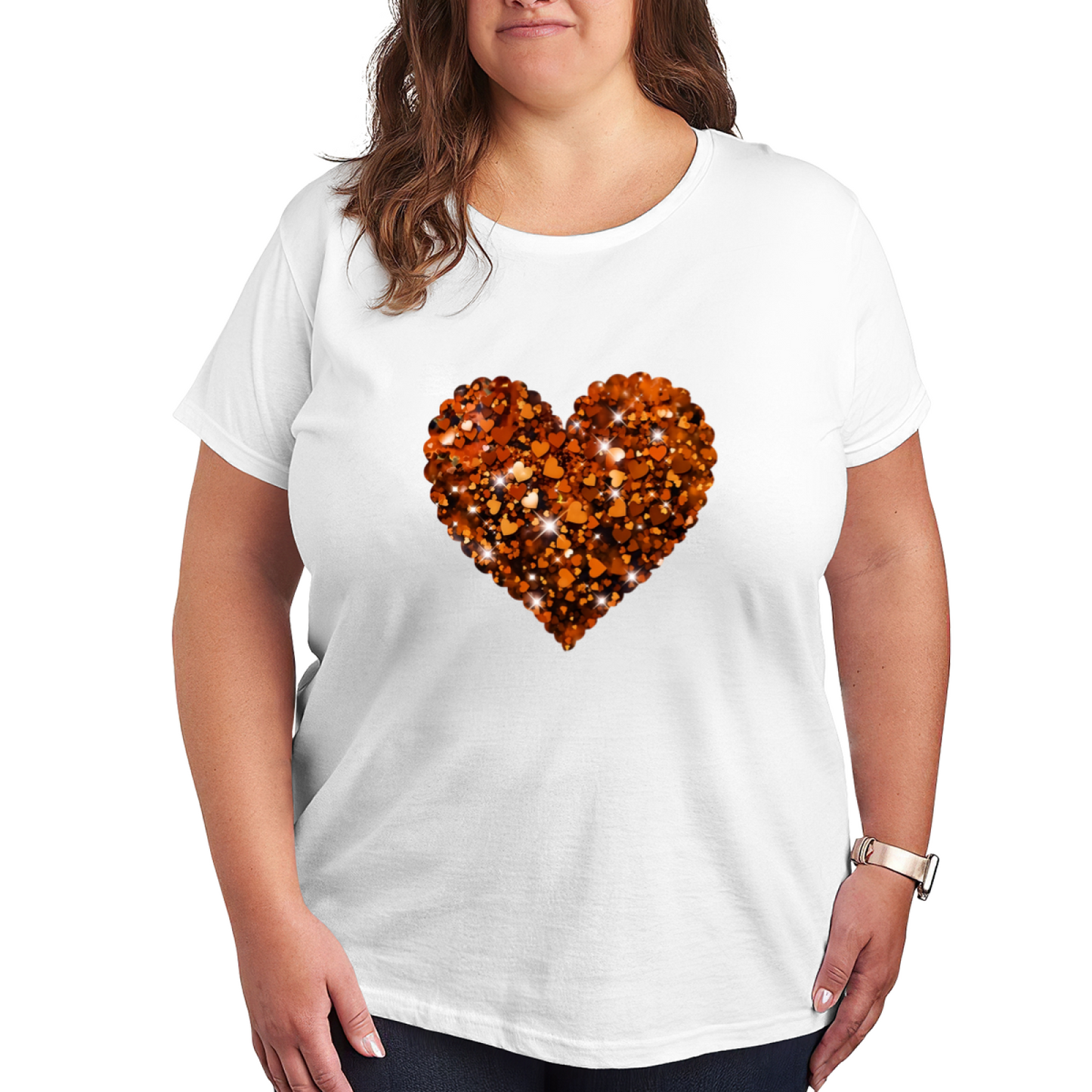 Sparkling Glitter Orange Heart Shiny Cute Plus Size Women Graphic Print T-Shirt