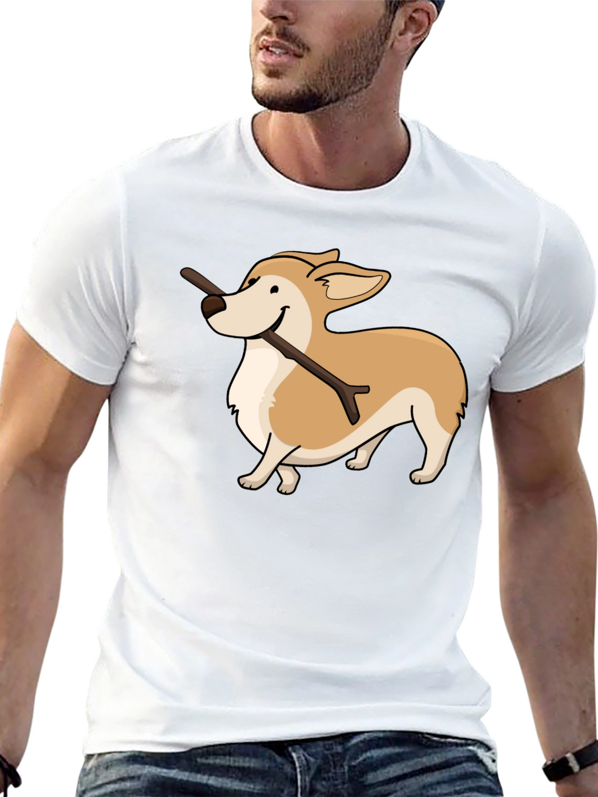 Corgi With Stick Graphic T-Shirt