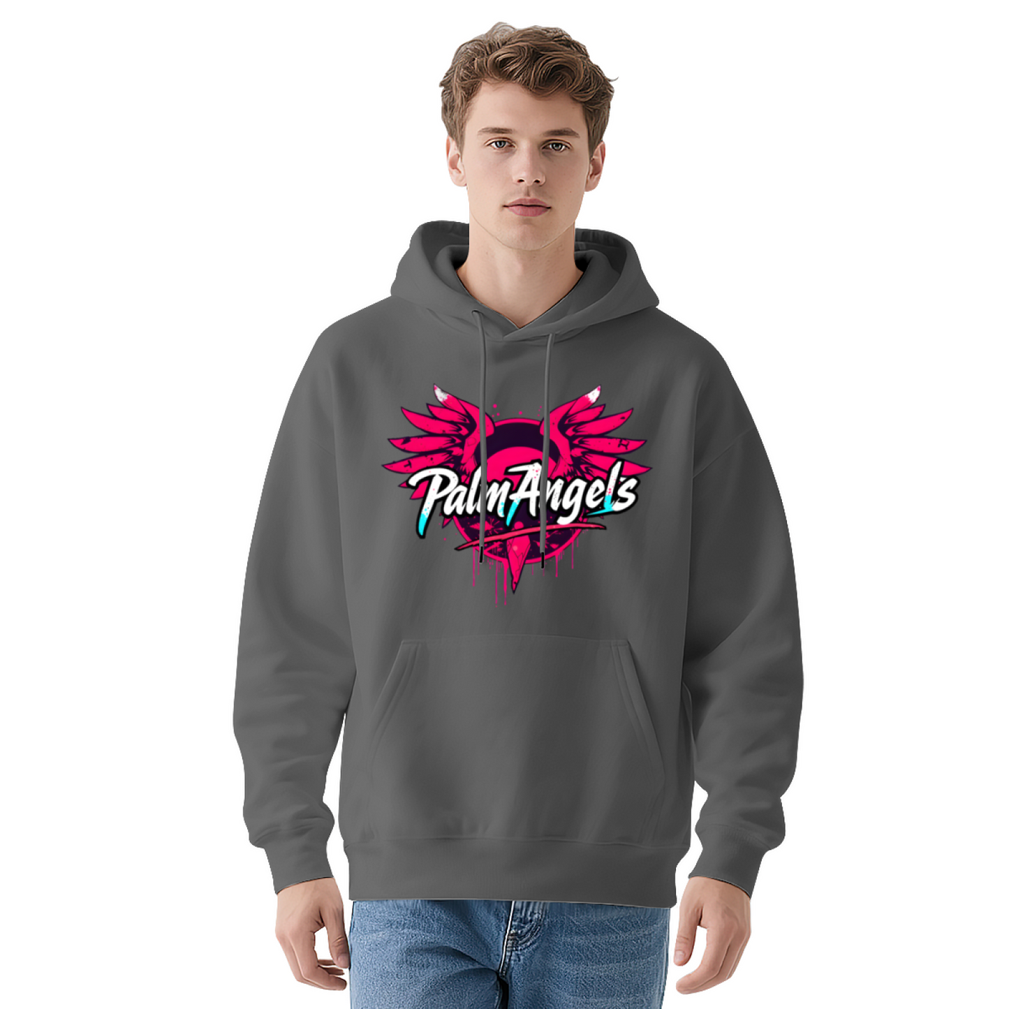 Palm Angels Pink Wing Graffiti Black Hoodie, Relaxed Street Style Sweatshirt