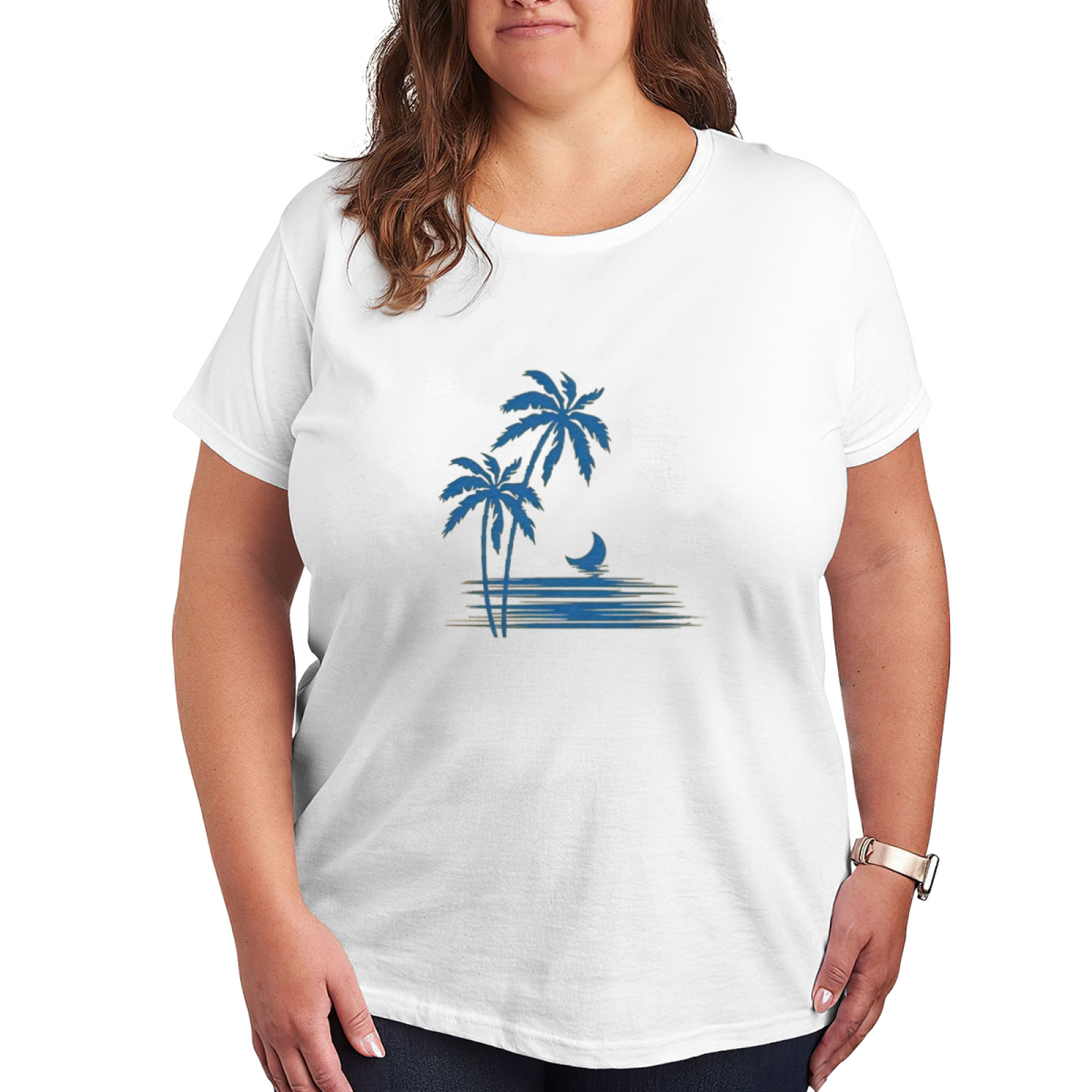 Tropical Palm Tree Moon Ocean Summer Beach Vibe Plus Size Women Printed T-Shirt
