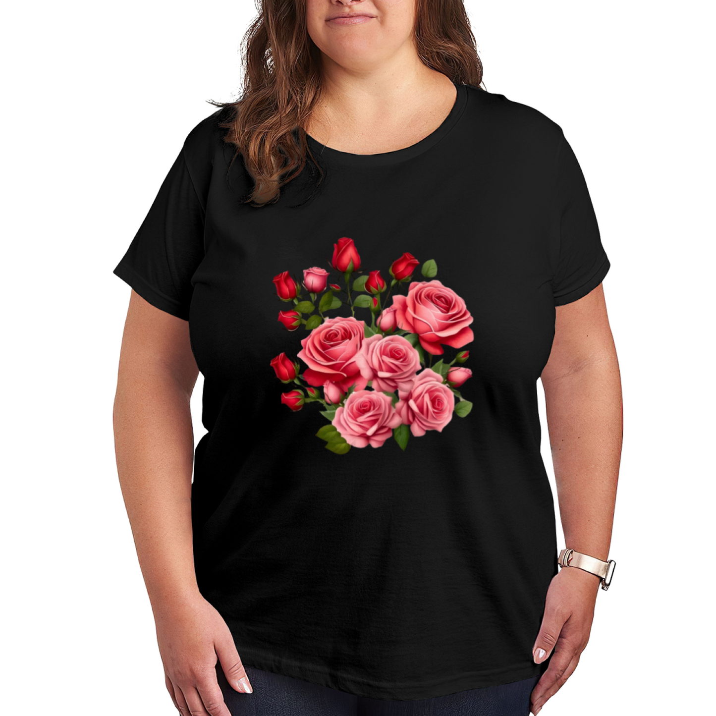 Romantic Pink Red Rose Bouquet Floral Plus Size Women¡¯s Printed T-Shirt