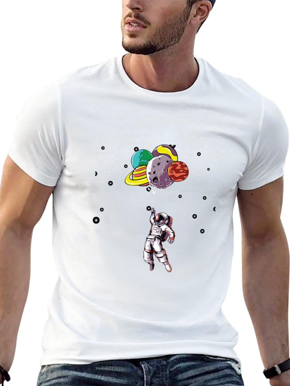 Astronaut Planet Balloon Black Graphic Tee