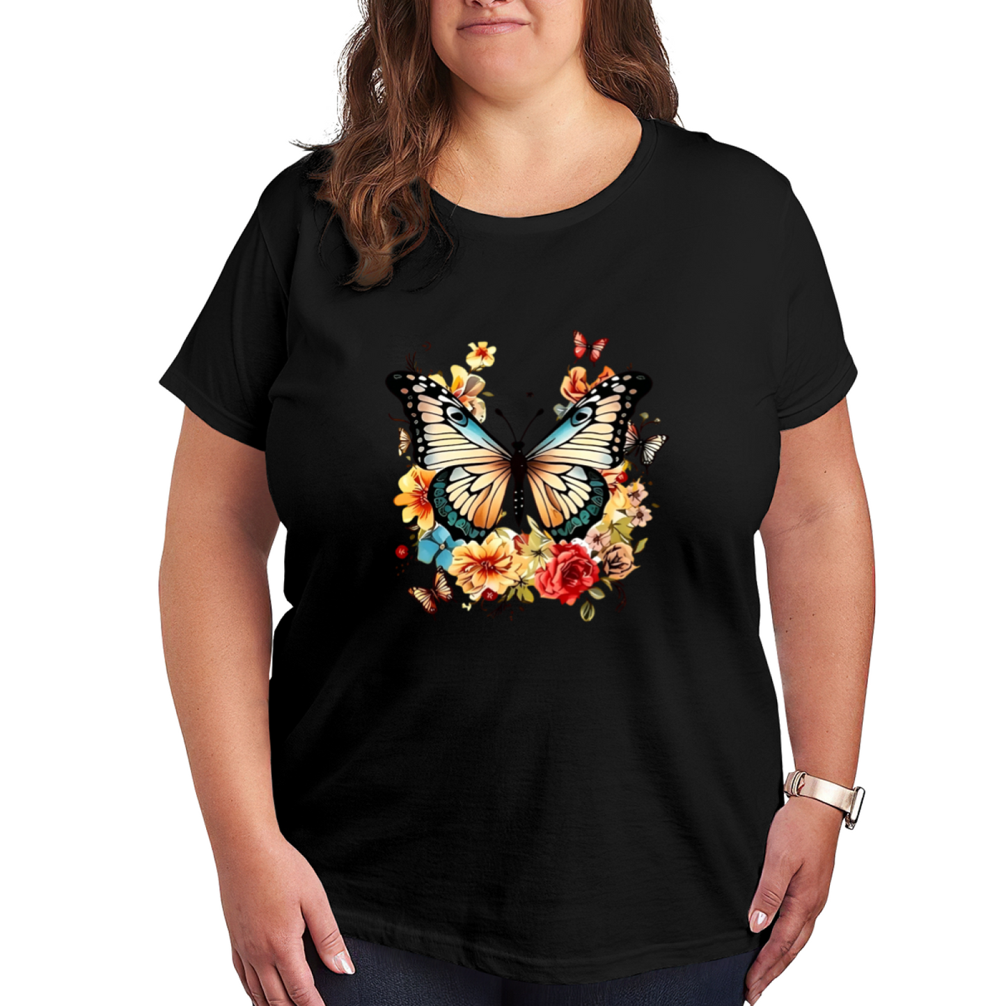 Gorgeous Watercolor Butterfly & Floral Art Plus Size Women Graphic Tee