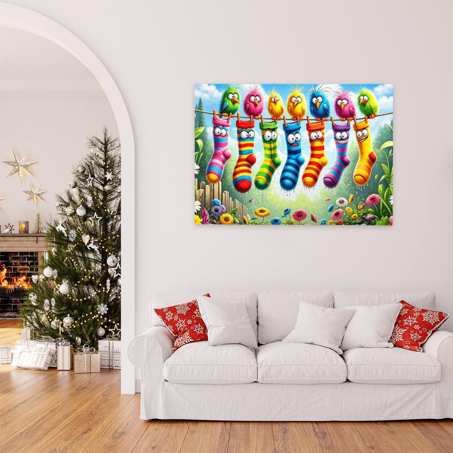 Vibrant Cartoon Birds & Funny Face Rainbow Socks Clothesline Jigsaw Puzzle | Kid?Friendly Colorful Floral Jigsaw Puzzle 300/500/1000 Pieces