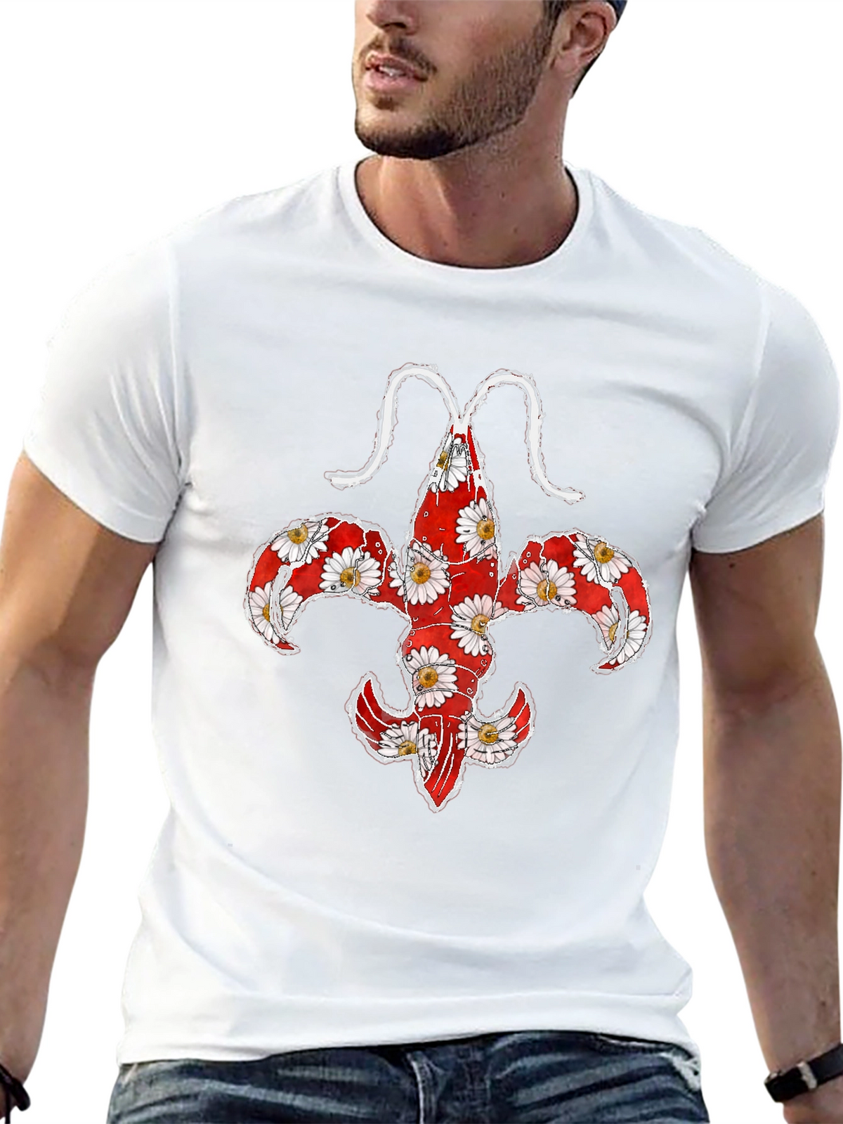 Floral Fleur-de-lis Lobster Graphic T-Shirt