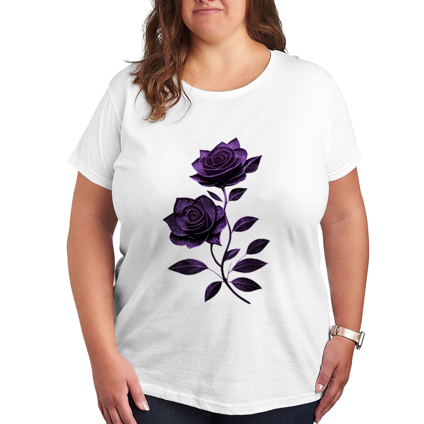 Elegant Dark Purple Glitter Rose Gothic Plus Size Women Printed T-Shirt