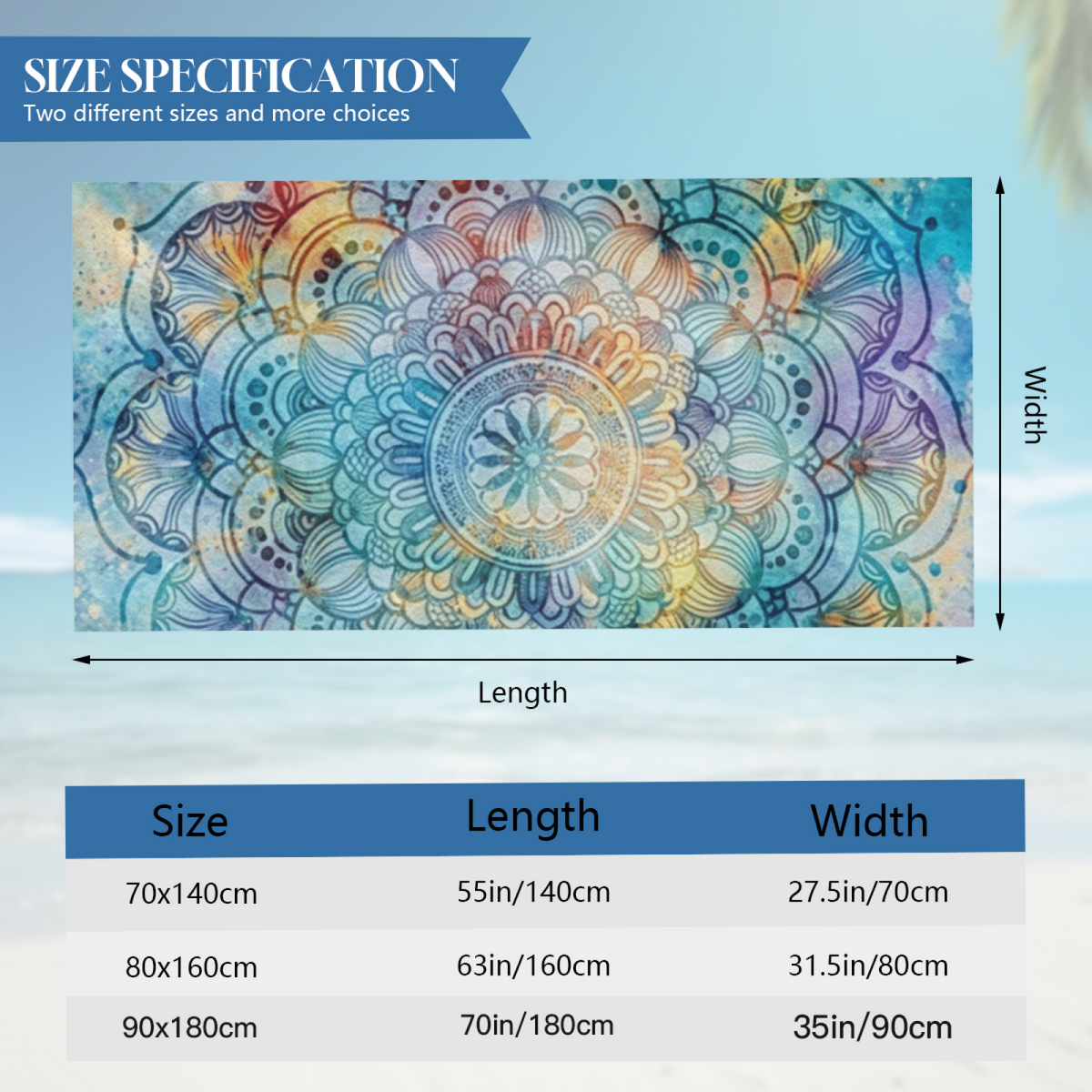 Watercolor Gradient Large Mandala Floral Beach Towel, Luxurious Soft & Highly Absorbent, Multiple Length Options for Calm, Cozy Yoga & Beach Time