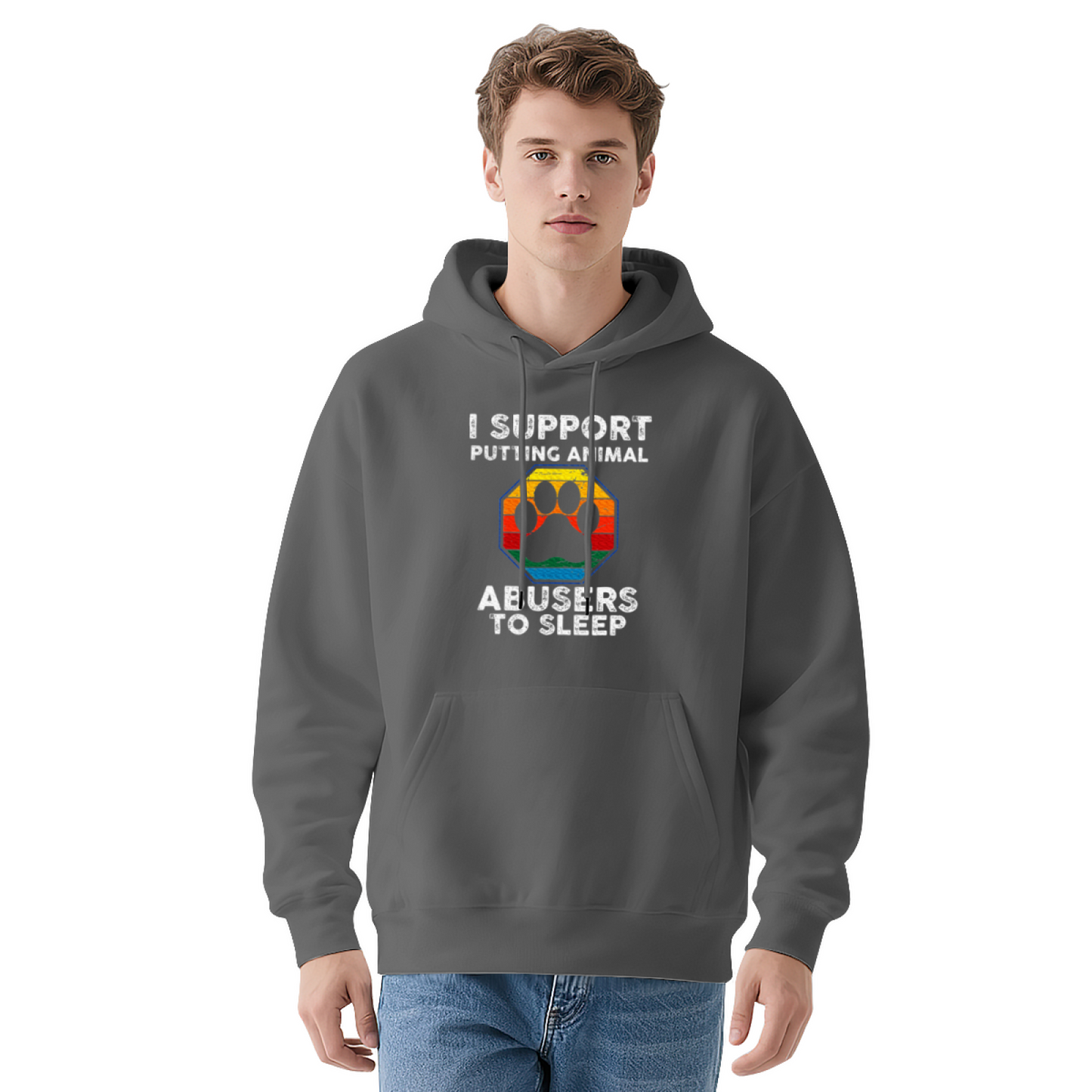 Animal Lover Anti-Abuse Rainbow Paw Print Hoodie, Cozy Casual Black Pullover Hoodie