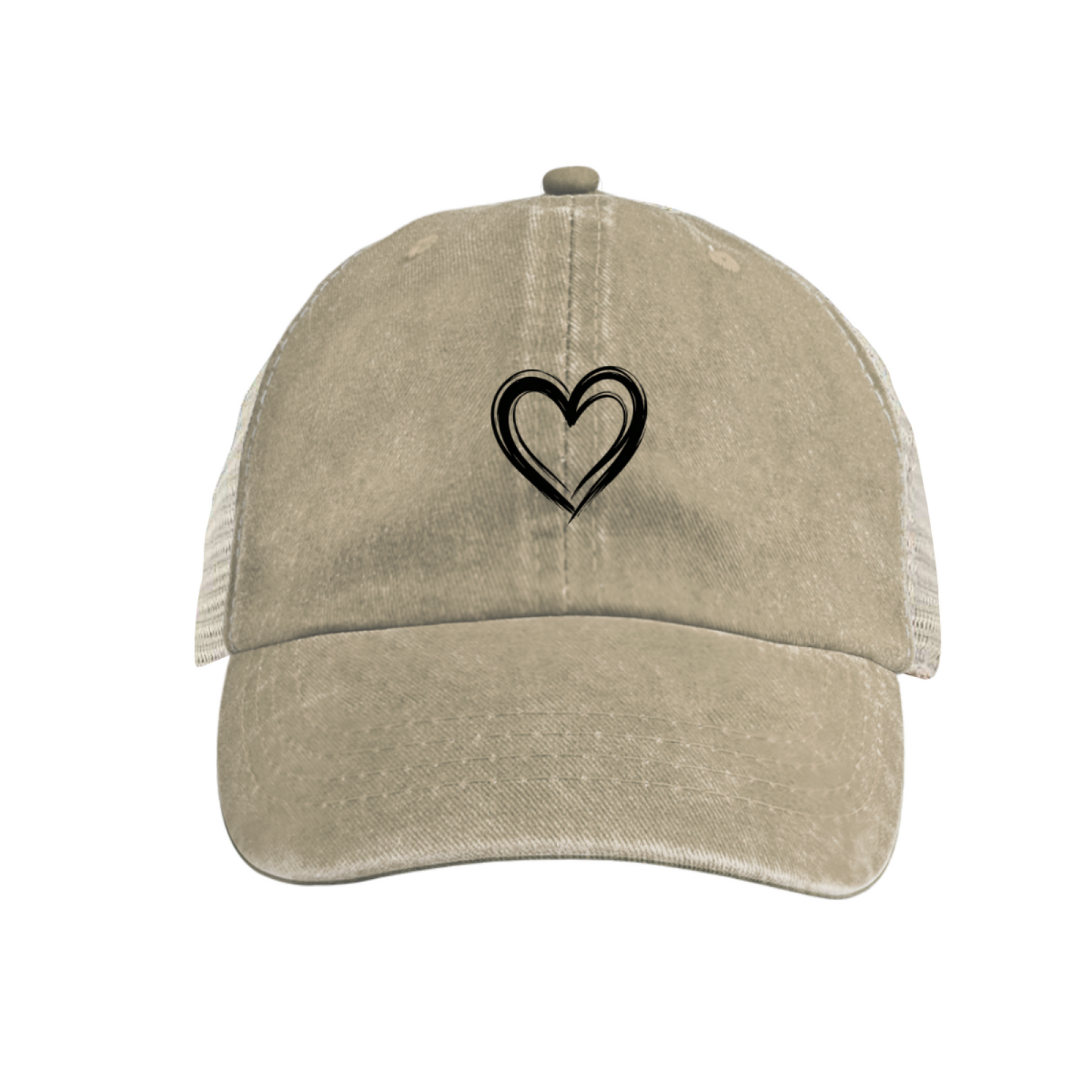 Minimal Double Outline Heart Mustard Yellow Distressed Mesh Casual Cap