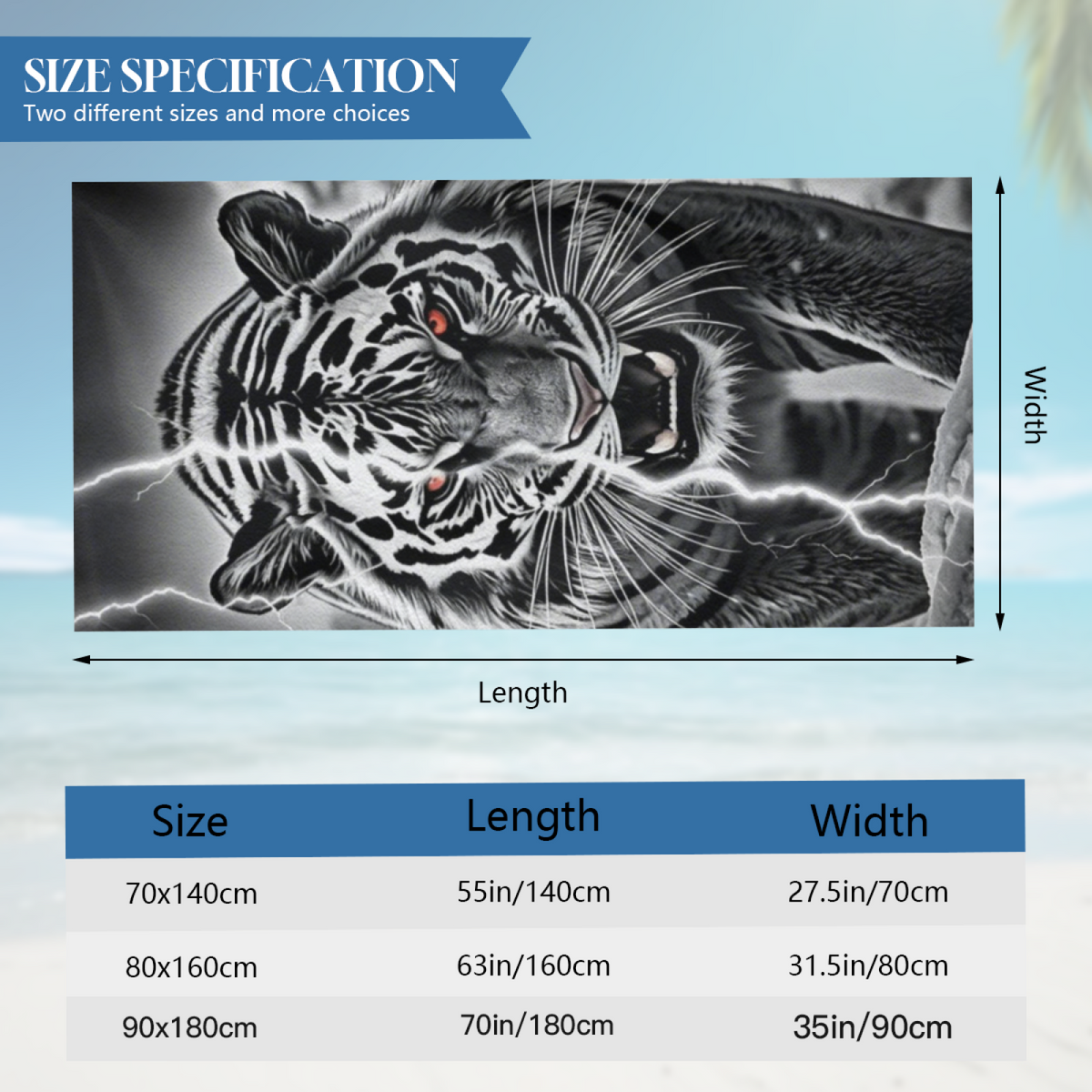 Black White Tiger Lightning Bold Print Beach Towel, Thick Soft & Quick Water Absorbent, Diverse Size Options Offer Sturdy Comfort for Outdoor Beach Trips