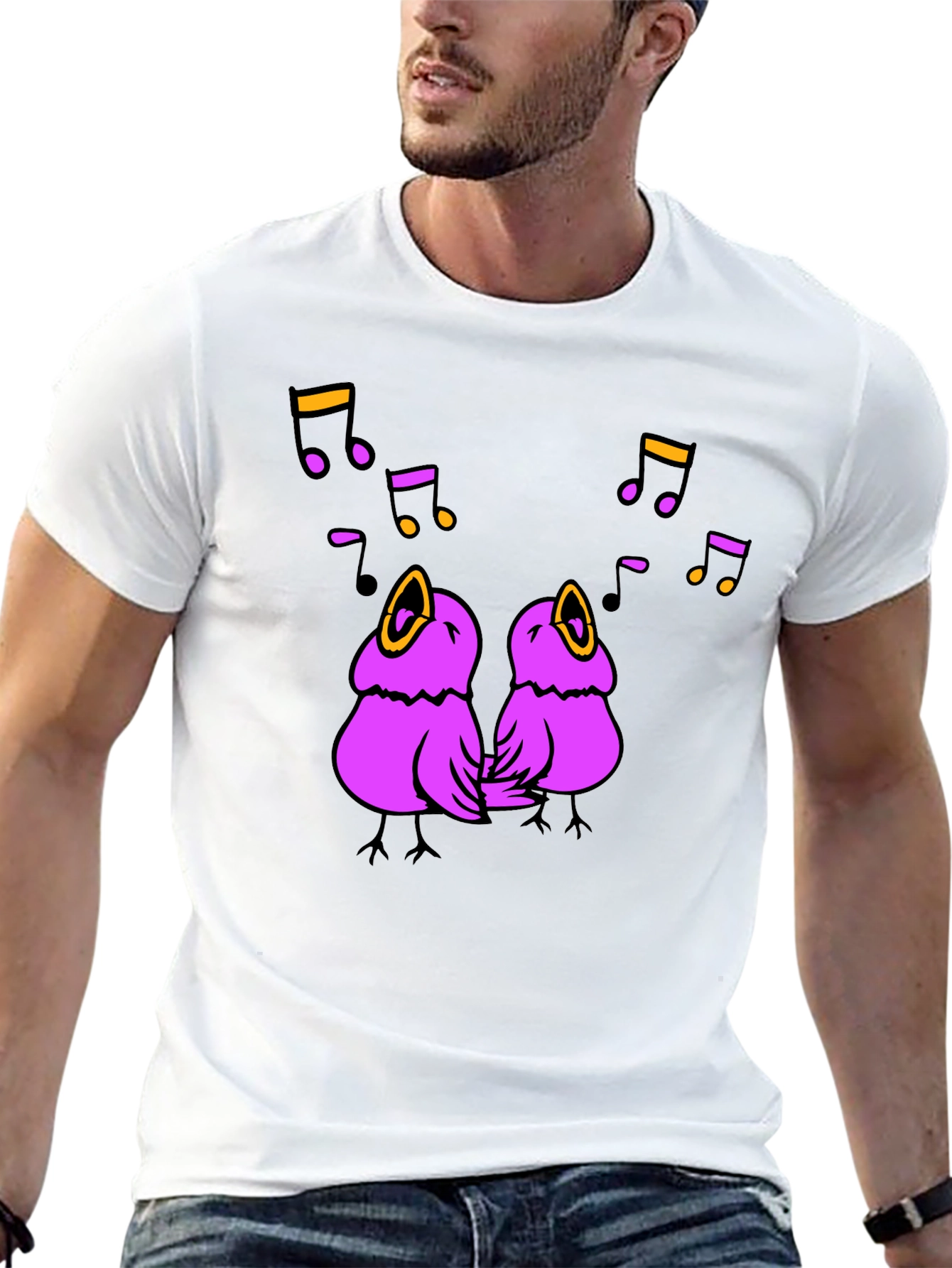 Singing Birds Graphic Tee - Black Cotton T-Shirt