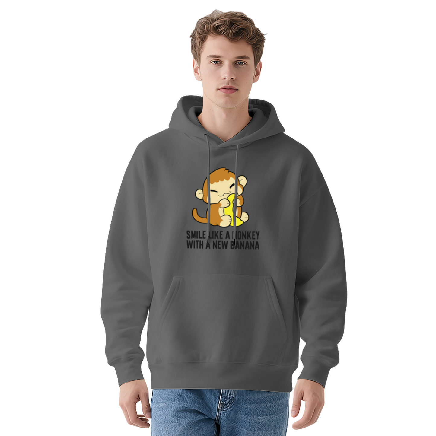 Cute Monkey Banana Cartoon White Hoodie, Soft Sweet Casual Men Women Pullover