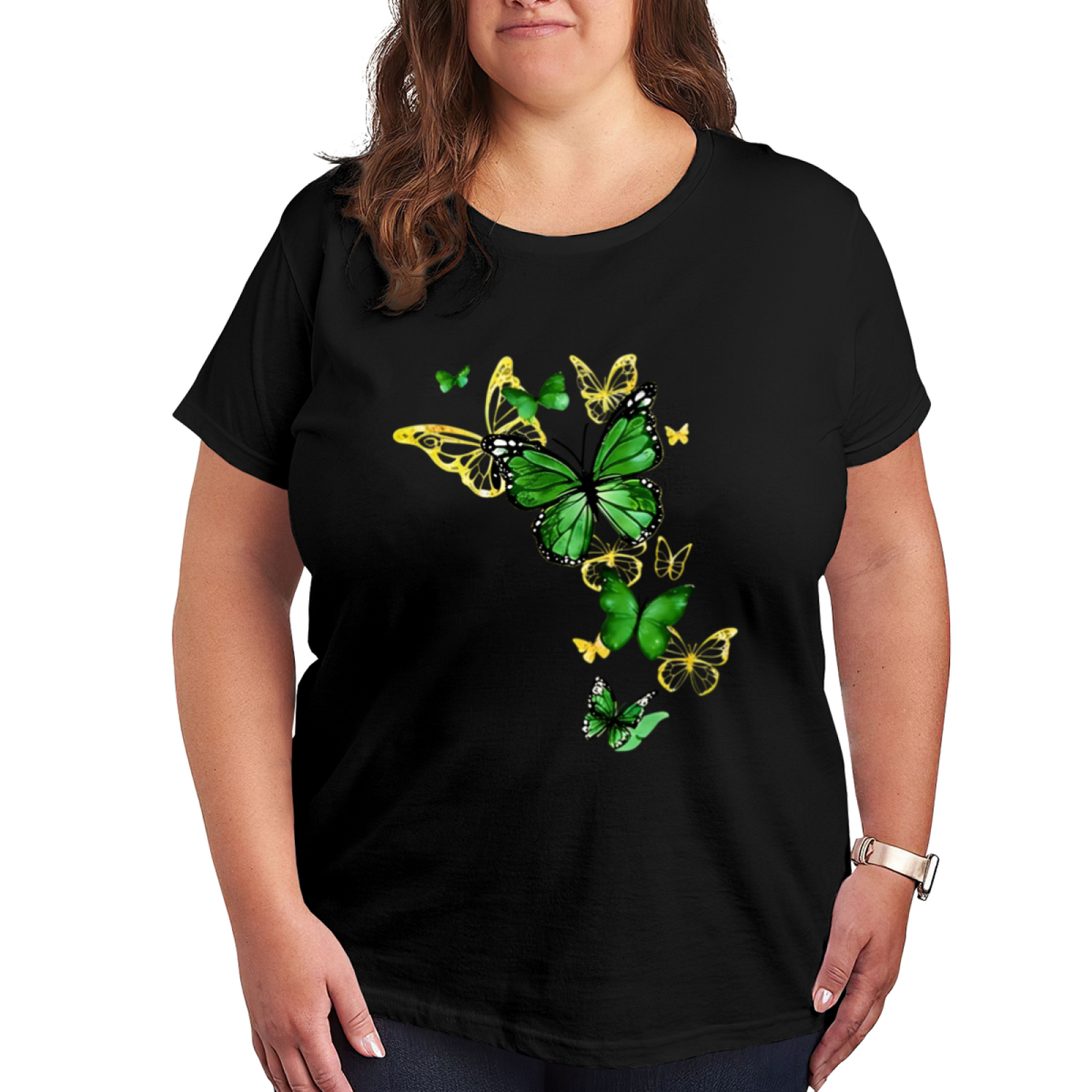 Vibrant Green & Golden Butterfly Art Print Plus Size Women¡¯s T-Shirt