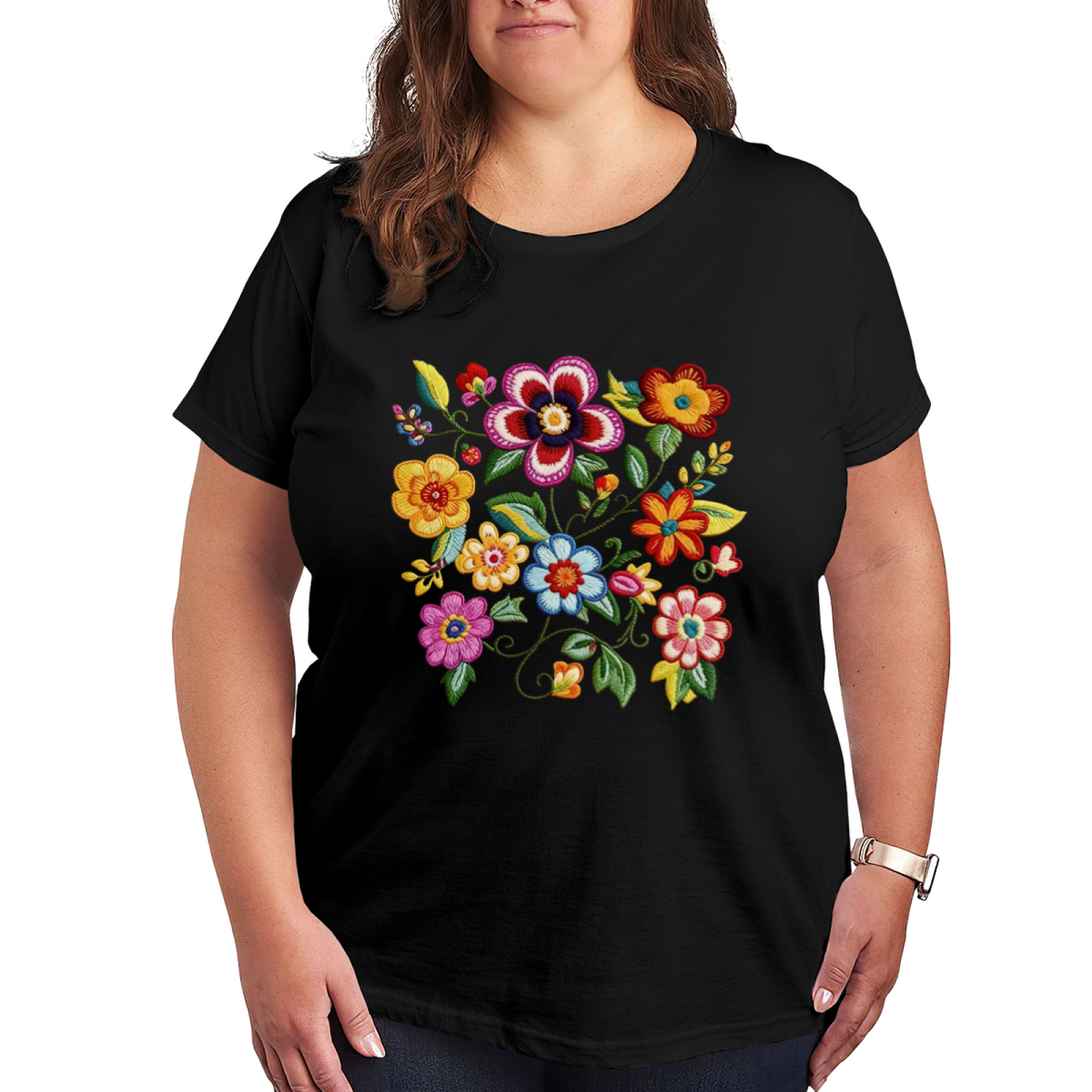 Vintage Folk Colorful Floral Embroidery Plus Size Women¡¯s T-Shirt
