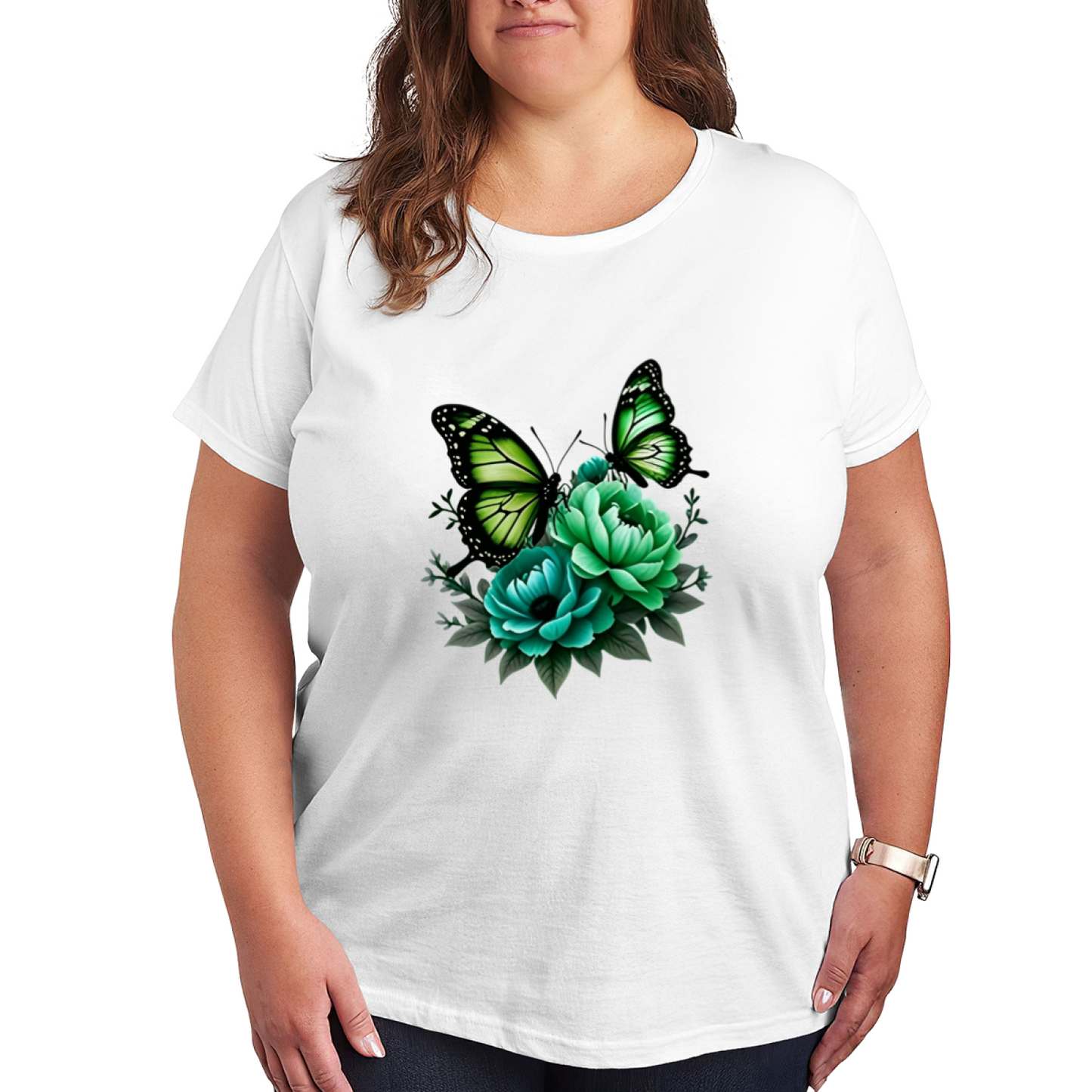 Dark Style Green Butterfly & Teal Peony Floral Print Plus Size Women¡¯s T-Shirt