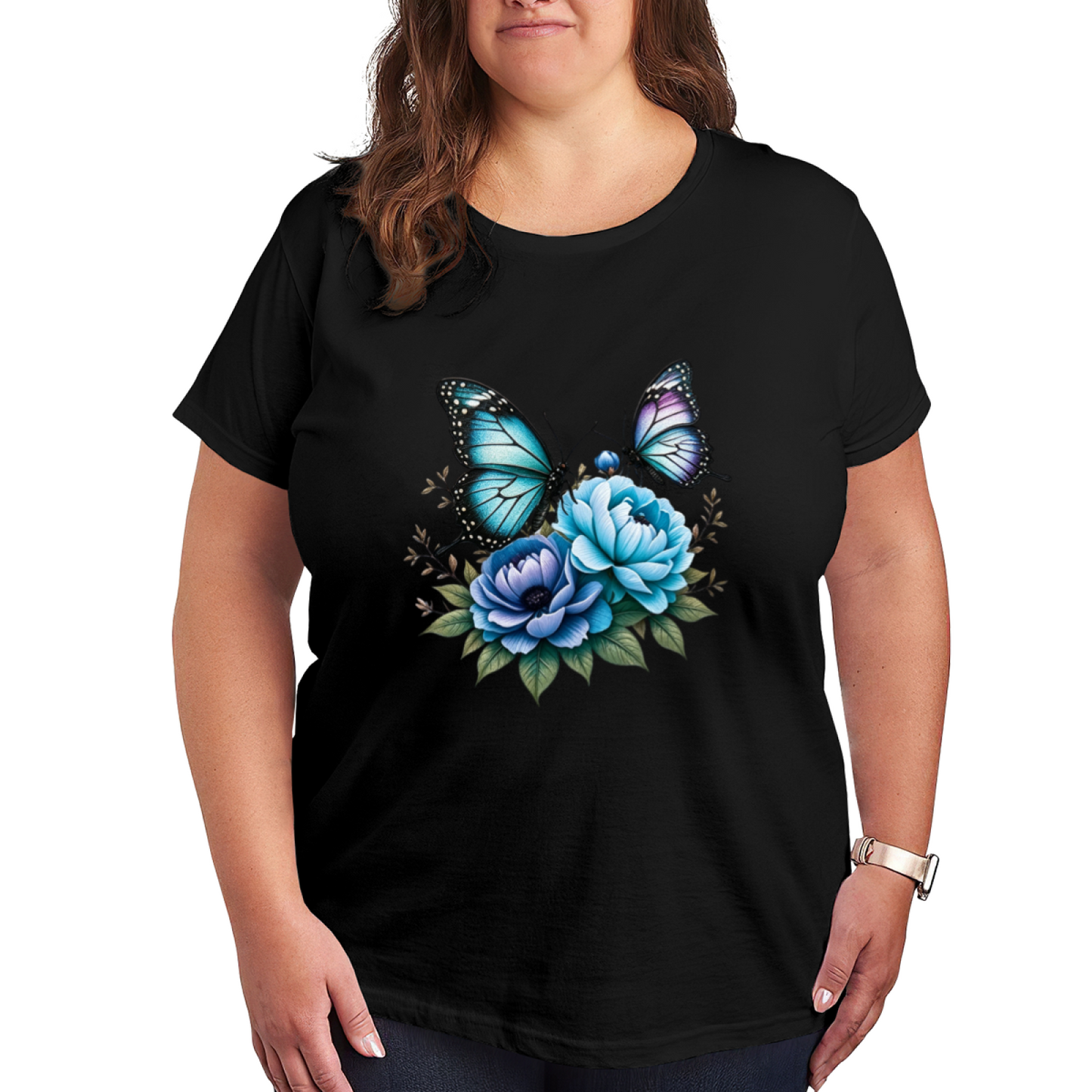 Dreamy Blue Peony Morpho Butterfly Watercolor Plus Size Women Printed T-Shirt