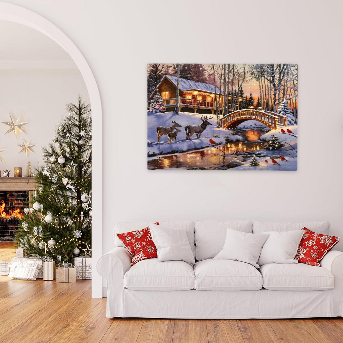 Magical Winter Snowy Cabin Deer & Cardinal Birds Puzzle 300/500/1000pcs