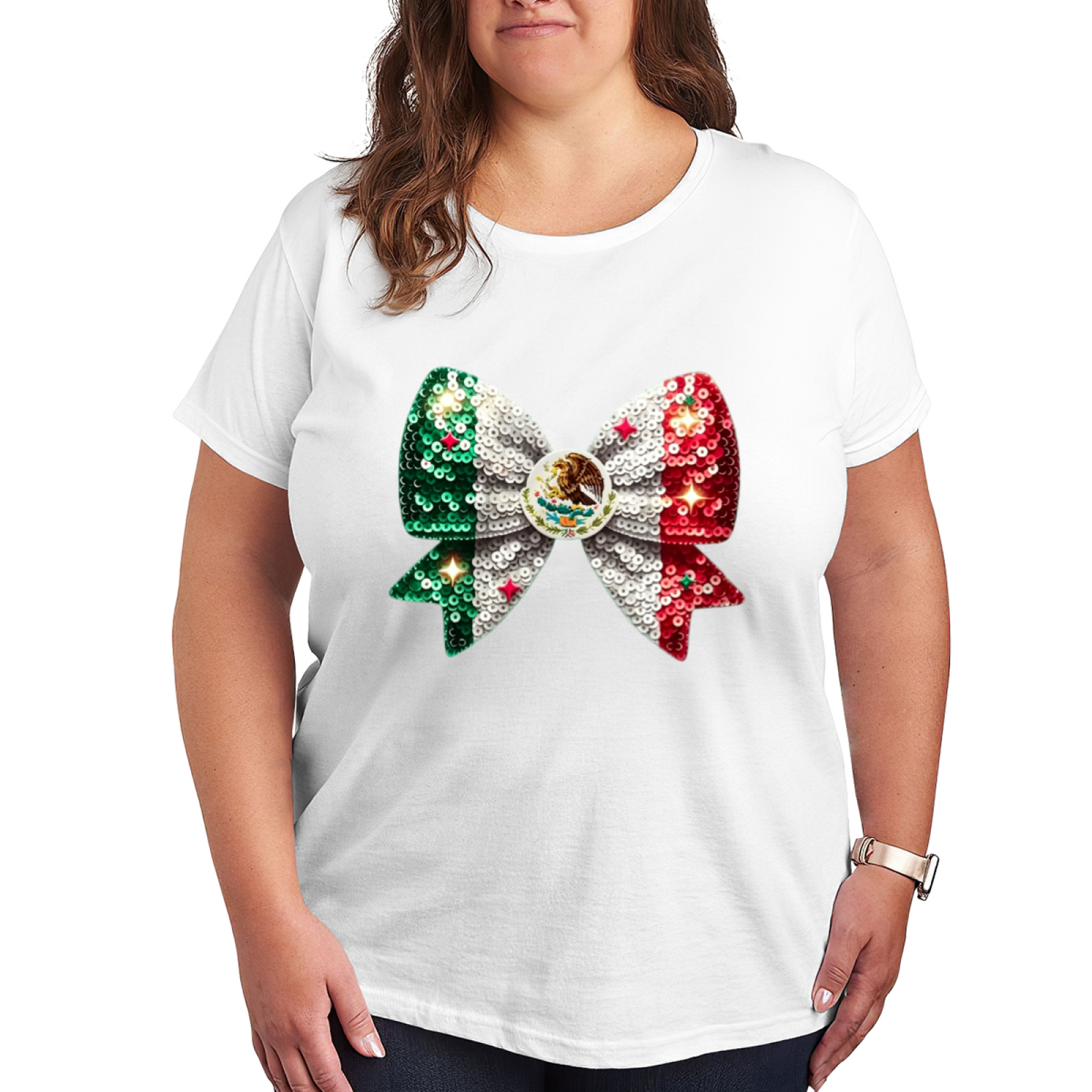 Mexico Flag Sequin Bow Coquette Plus Size Women¡¯s T-Shirt