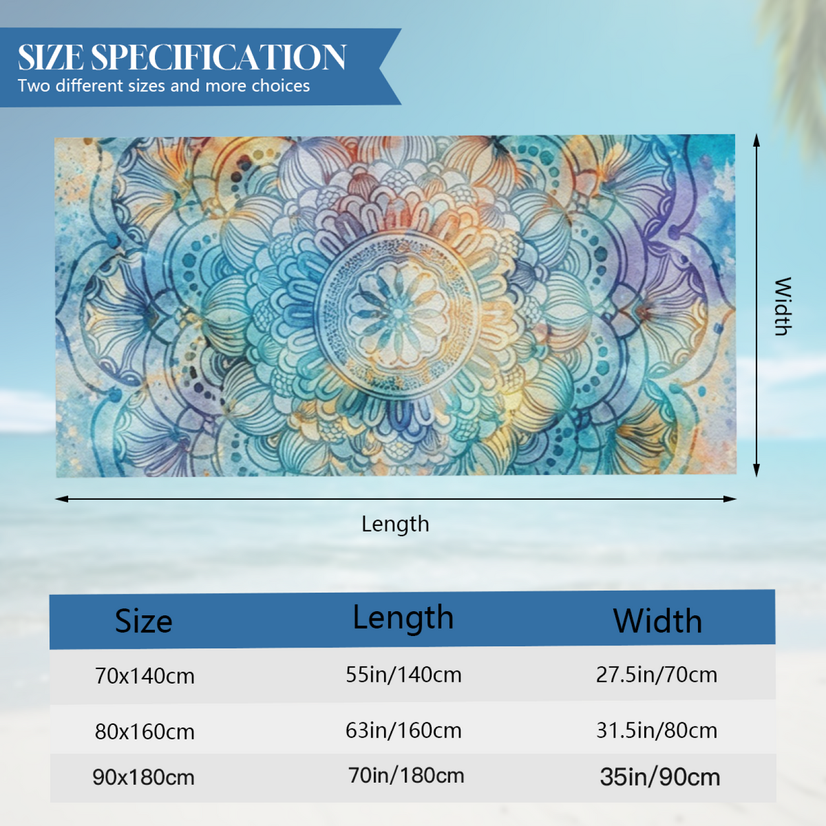 Watercolor Boho Mandala Floral Pattern Beach Towel, Multiple Lengths to Choose, Buttery Soft, Strong Water Absorbency & Relaxing Comfort for Poolside Rest