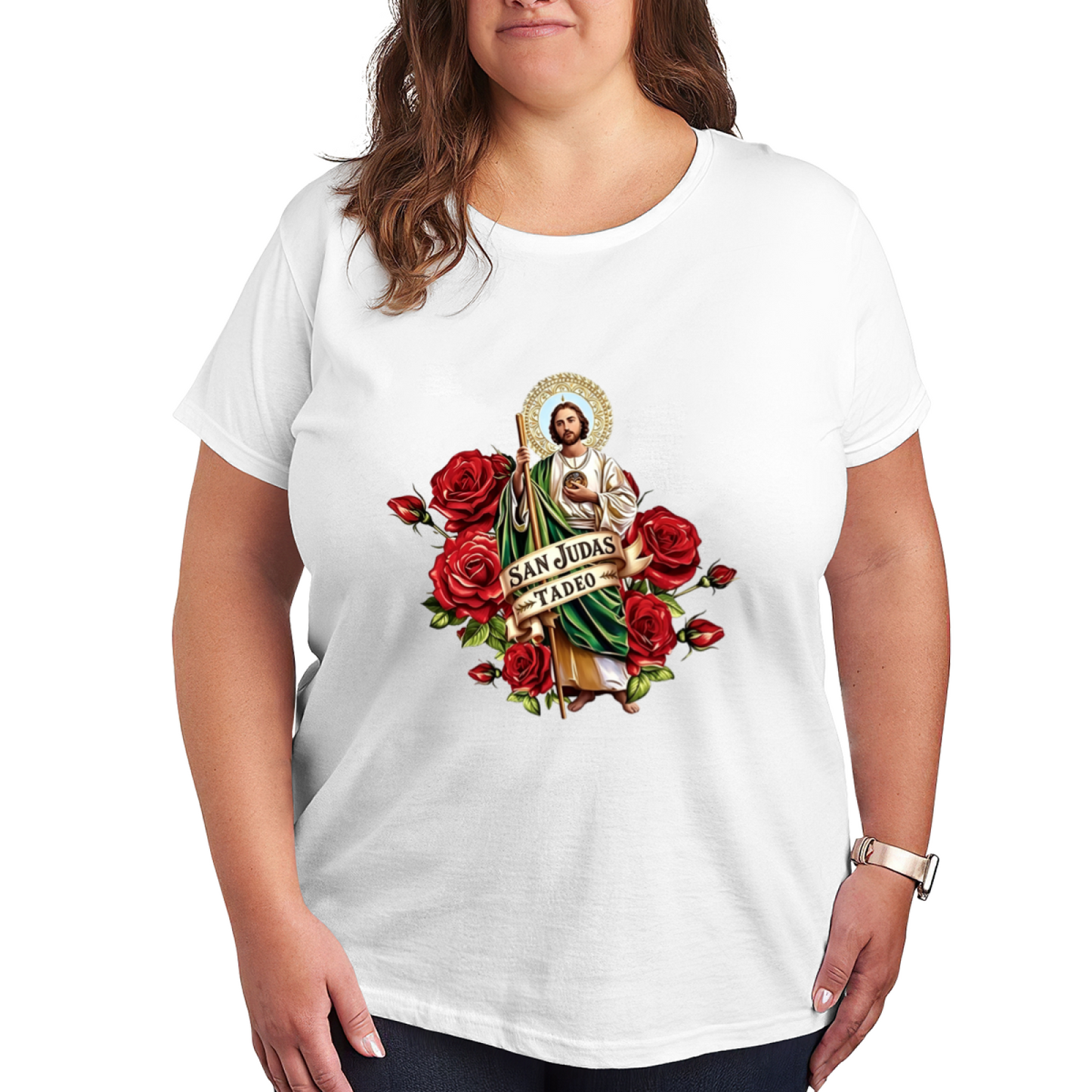 San Judas Tadeo Saint & Red Roses Religious Print Plus Size Ladies Casual Tee