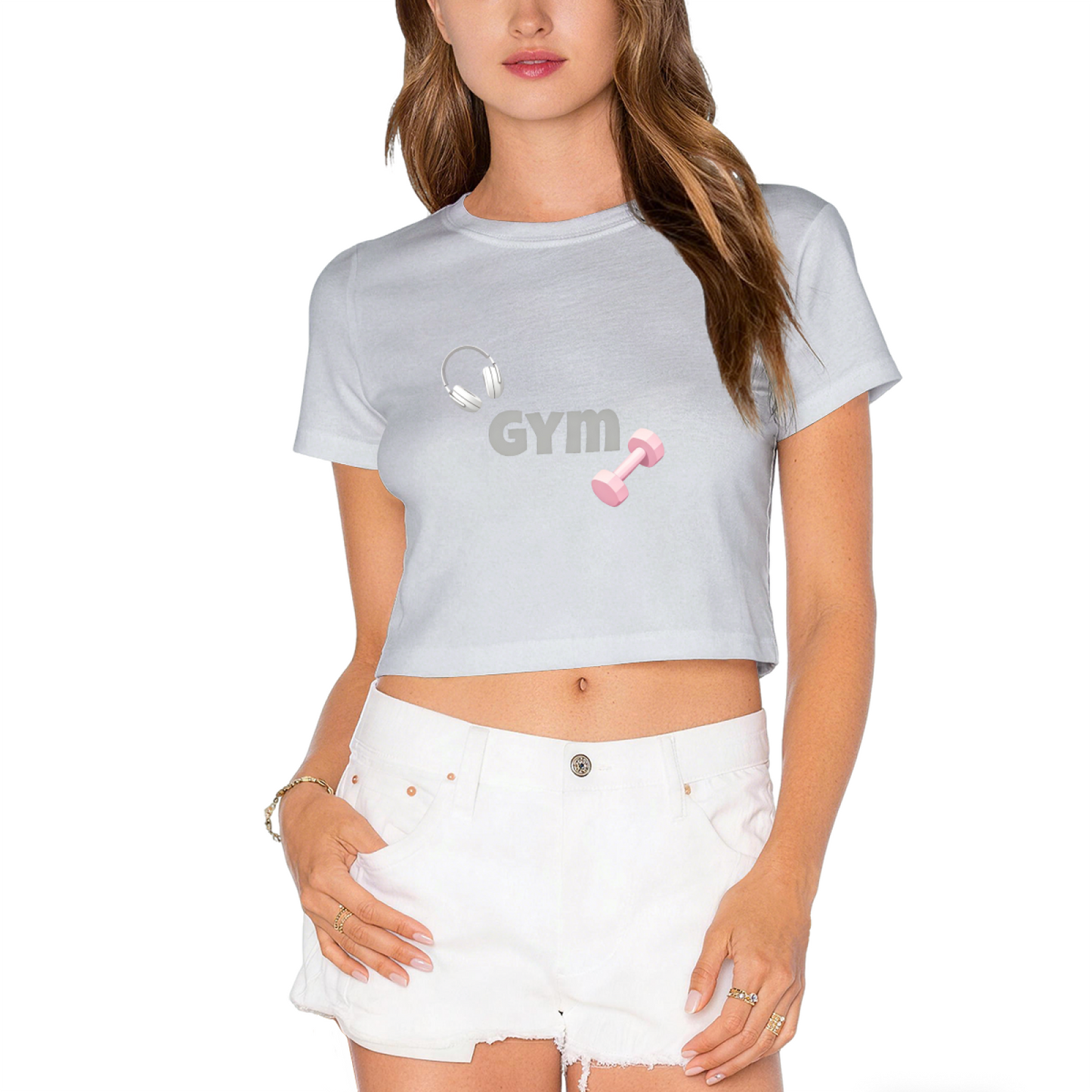 Cute Pink Fitness Crop Top With Gym Dumbbell & Headphone Graphics