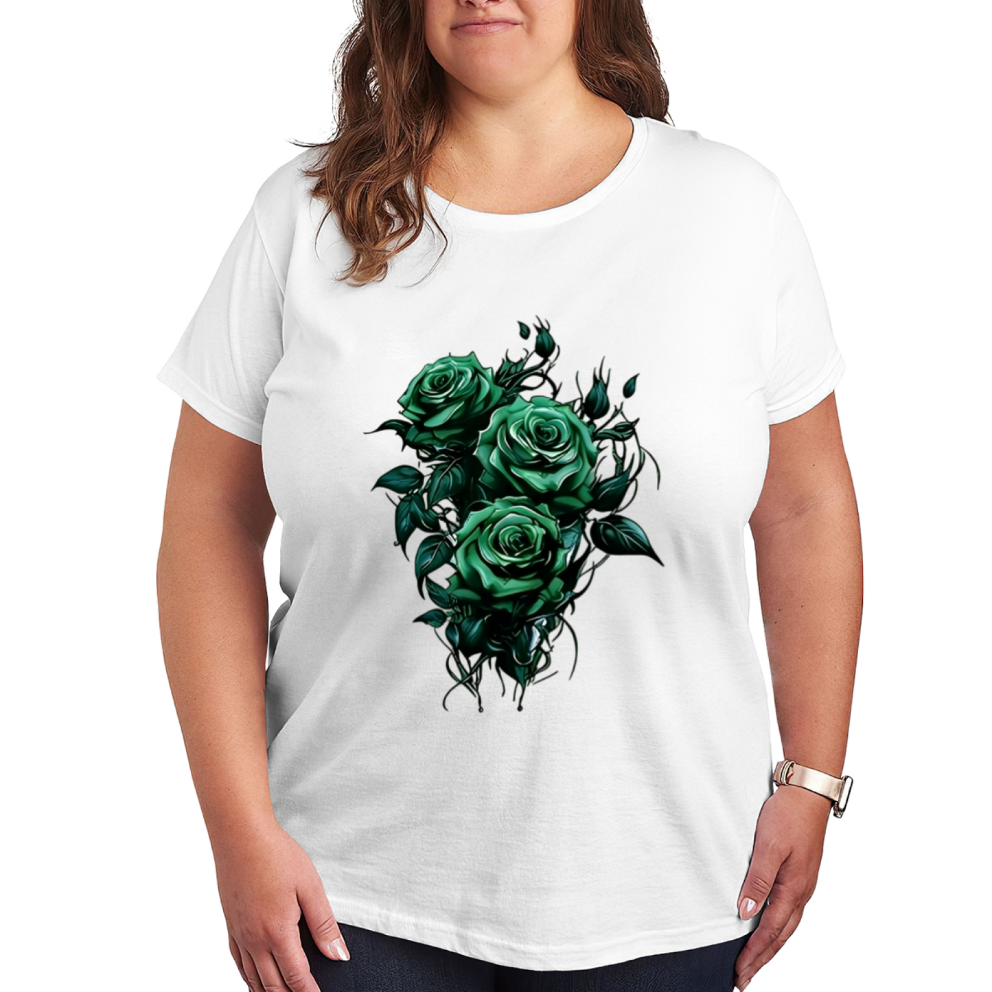 Moody Dark Emerald Rose Bouquet Plus Size Women Printed T-Shirt