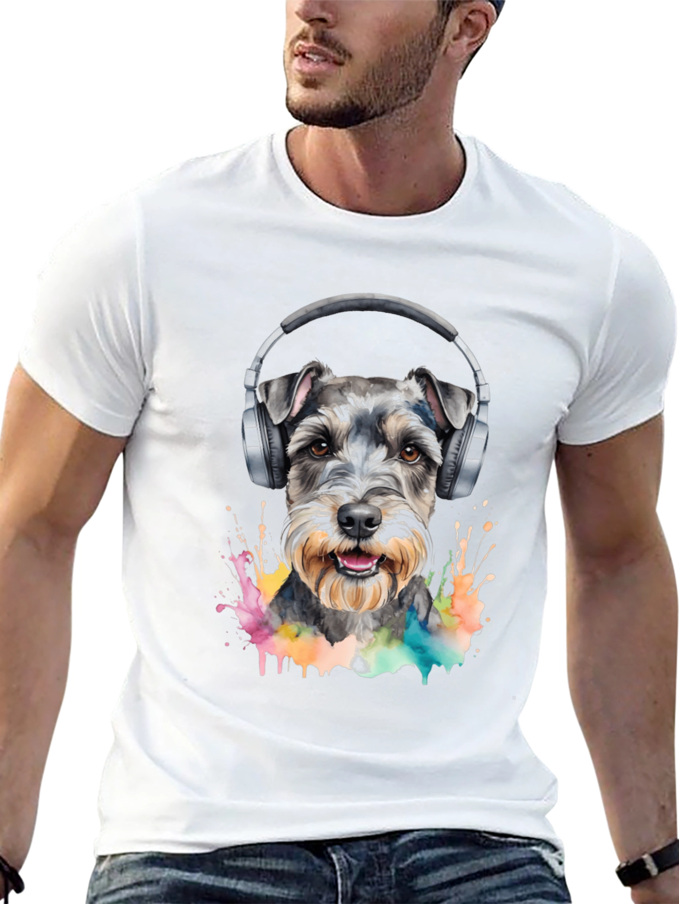 Dog Wearing Headphones Black T-Shirt