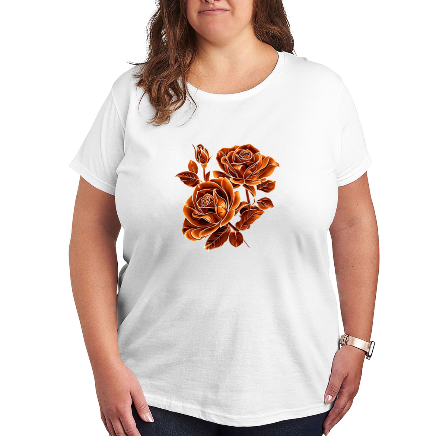 Vintage Burnt Orange Roses Graphic Plus Size Women Printed T-Shirt
