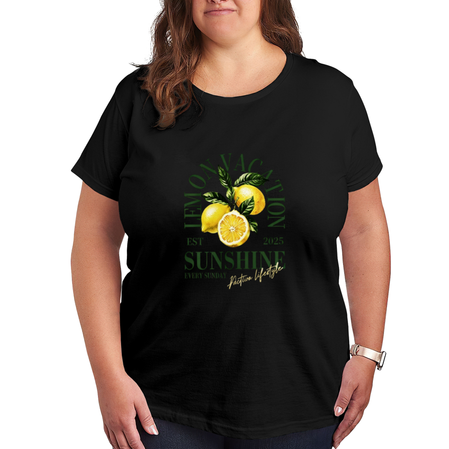 LEMON ON VACATION Sunshine Summer Fruit Retro Letter Print Plus Size Women¡¯s T-Shirt