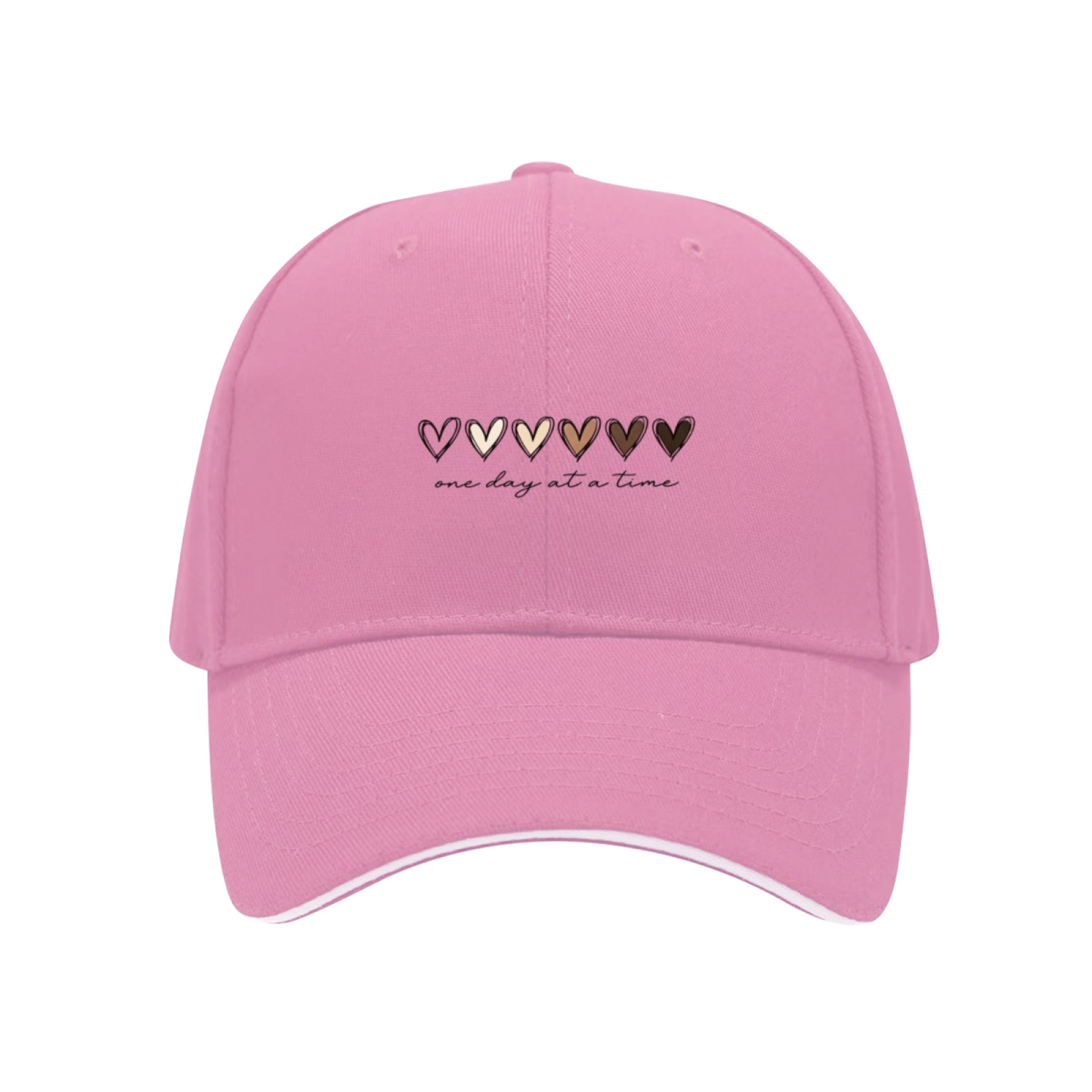 Skin Tone Gradient Hearts White Sandwich Baseball Cap, One Day At A Time Inspirational Hat