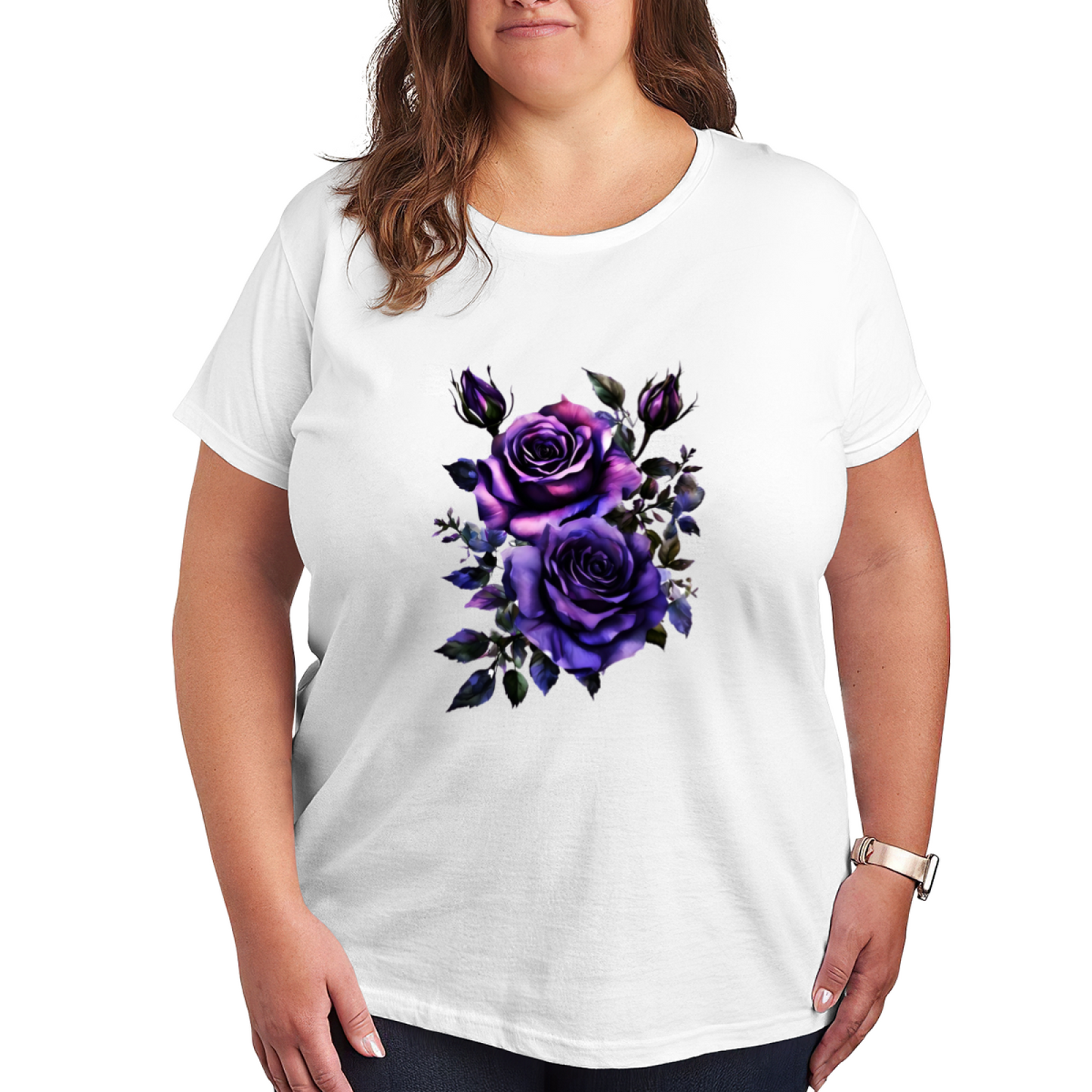 Moody Dark Purple Rose Black Background Plus Size Women Printed T-Shirt