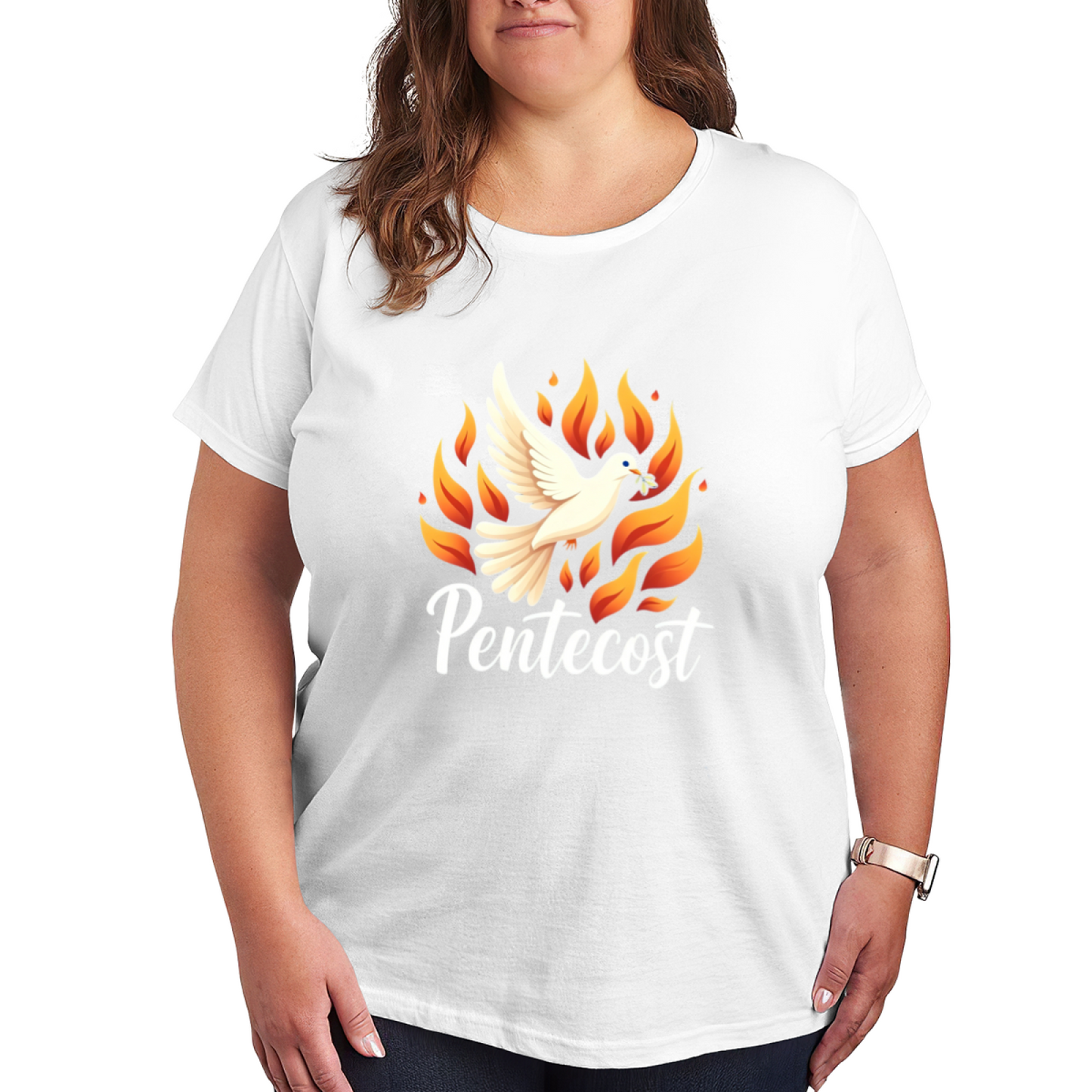 Pentecost Holy Dove & Fiery Flame Faith Graphic Plus Size Women Printed T-Shirt