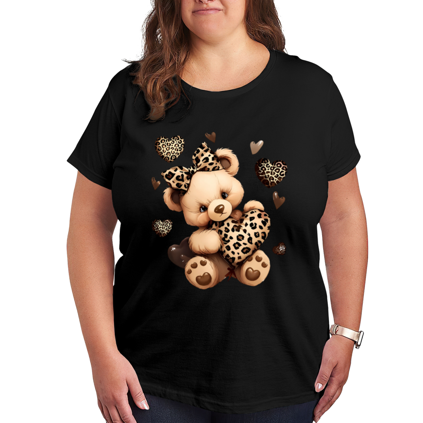 Adorable Leopard Print Teddy Bear Heart Cute Plus Size Women Printed T-Shirt