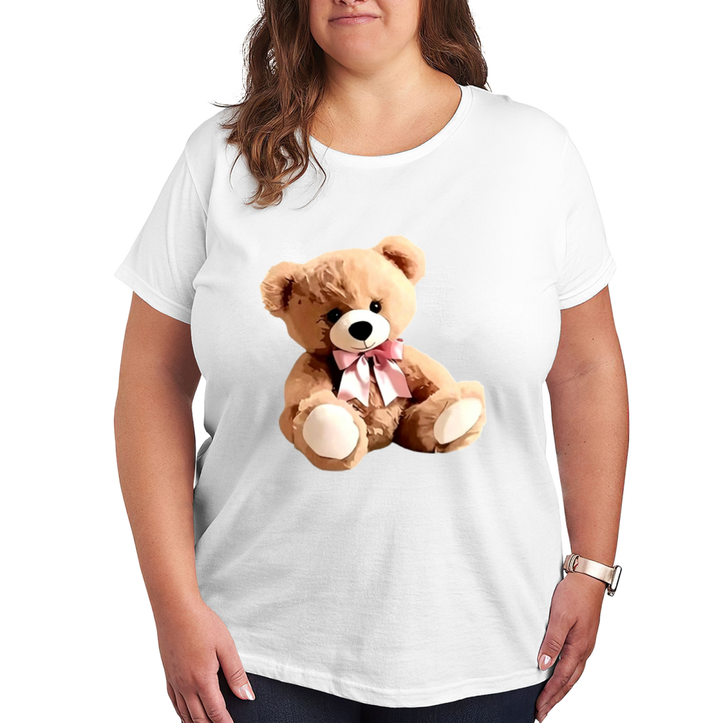 Cute Fluffy Teddy Bear With Pink Bow Plus Size Black Ladies Graphic Tee