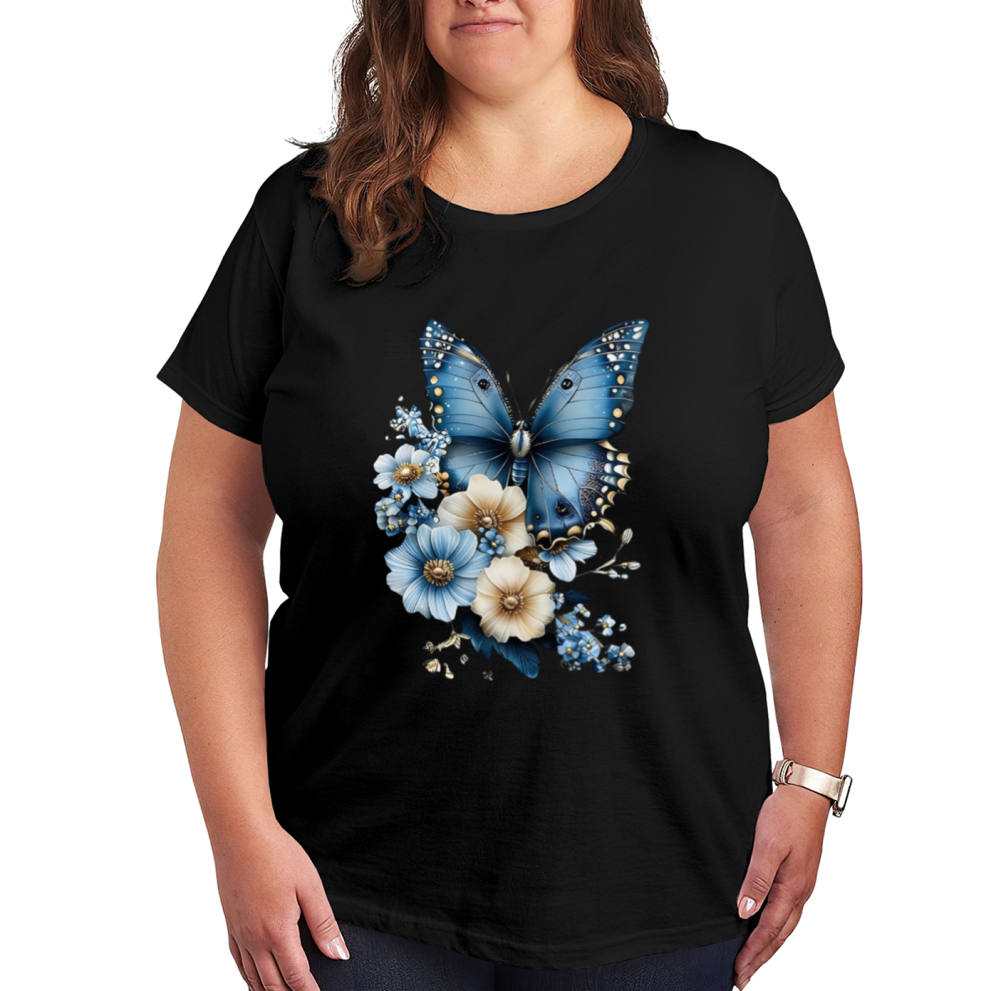 Soft Watercolor Big Blue Butterfly Wild Floral Print Plus Size White Ladies Tee