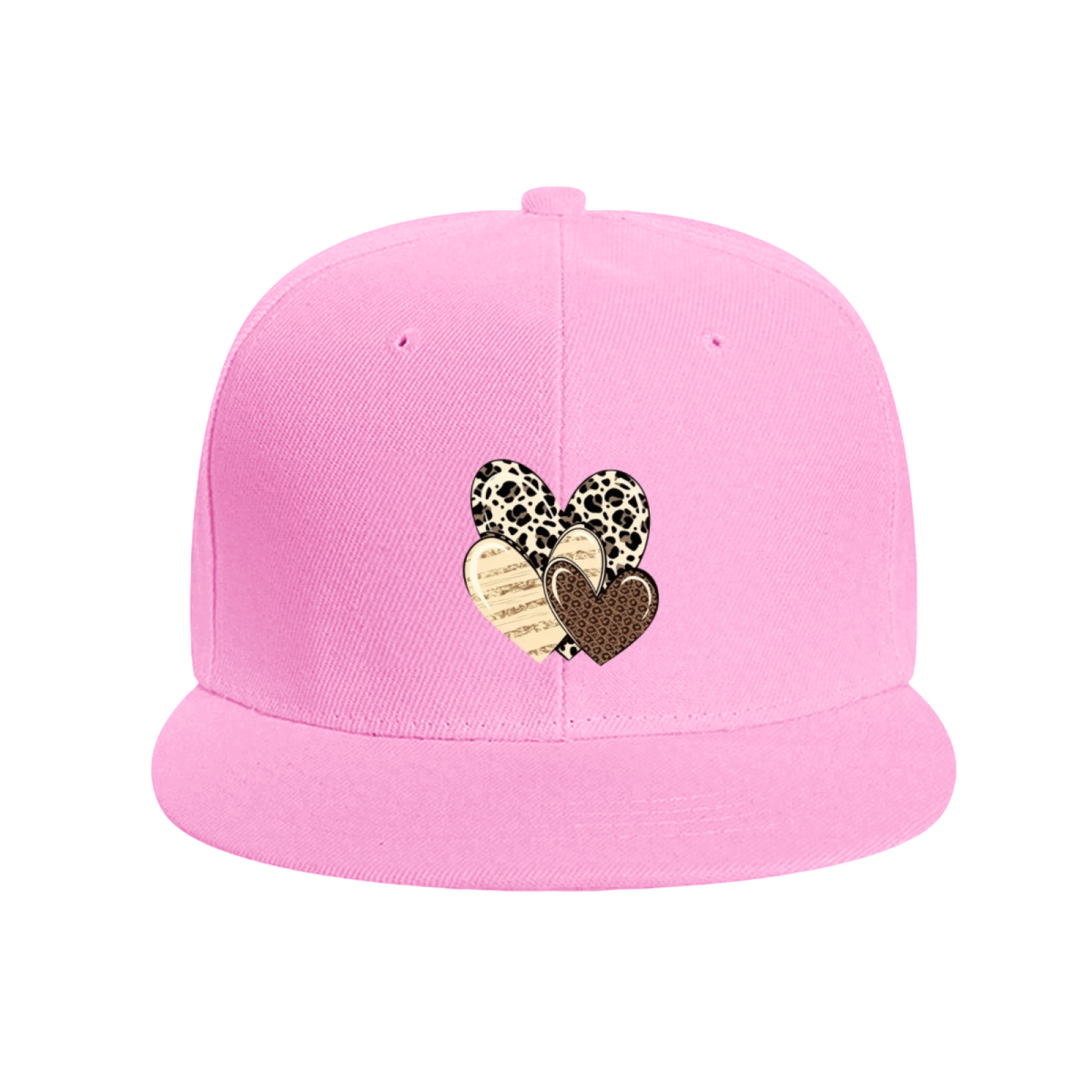Leopard & Wood Grain Stacked Hearts Print Flat Brim Sun Hat, Boho Vintage Women Hip Hop Cap