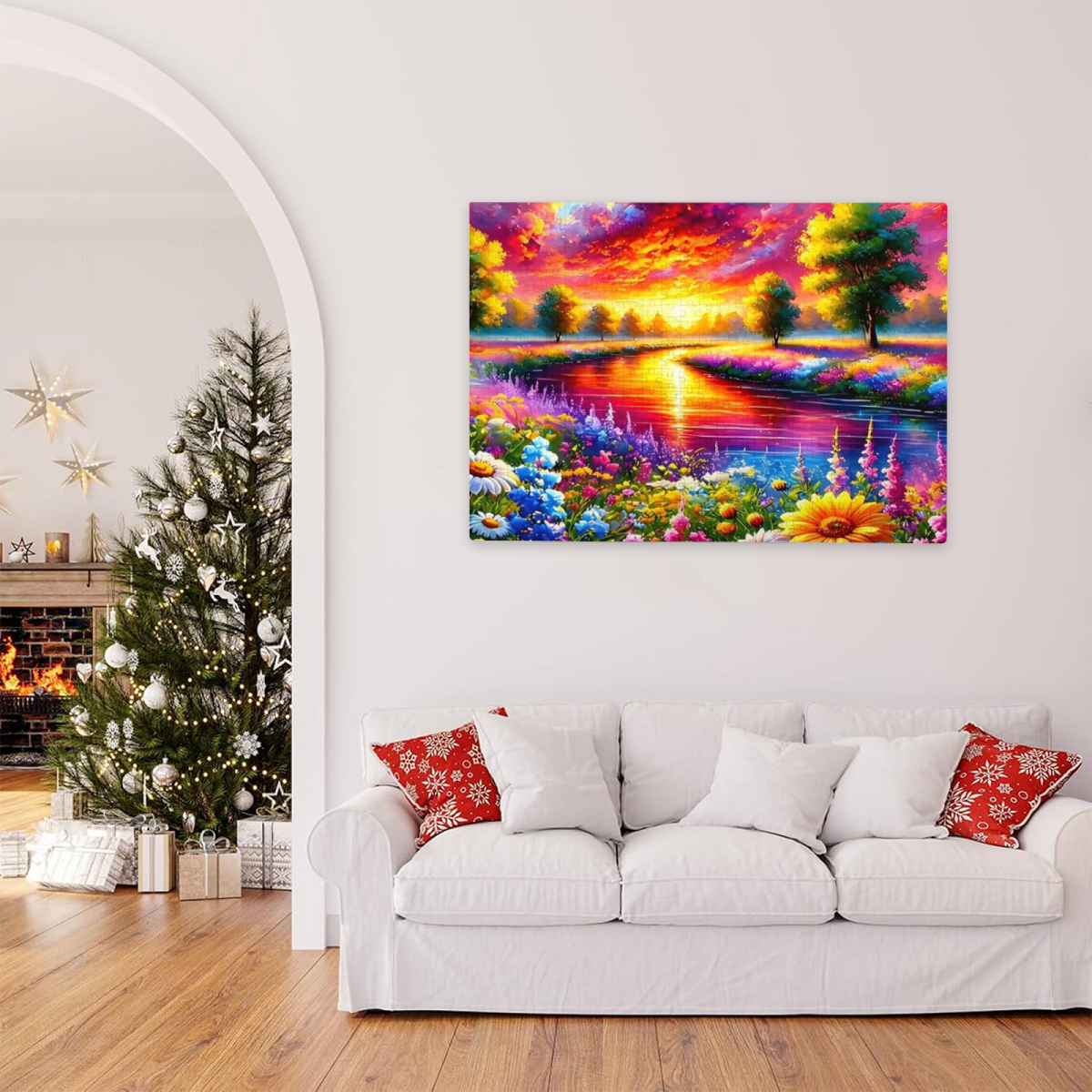Dreamy Rainbow Sunset River Vibrant Fantasy Landscape Puzzle