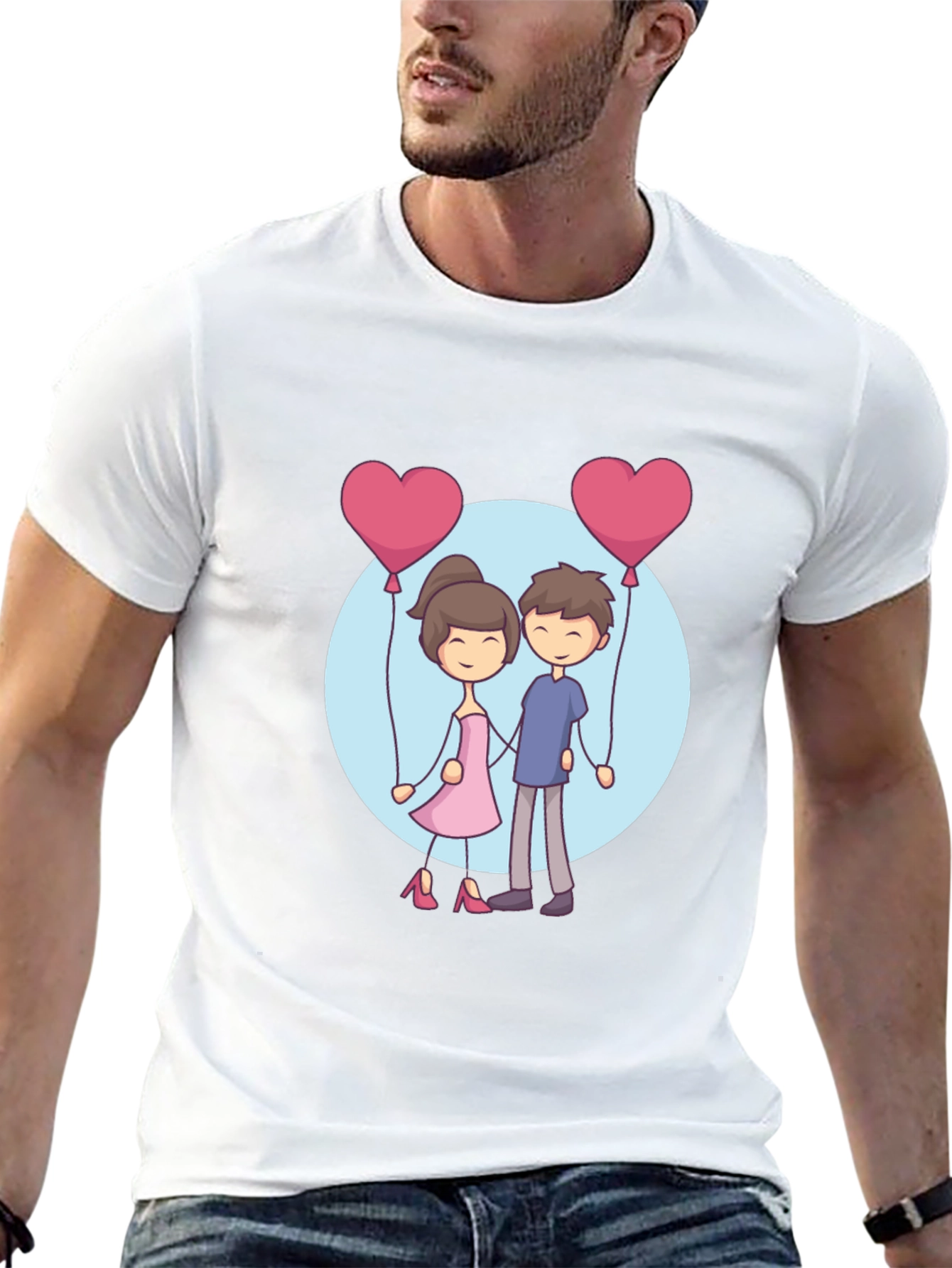 Cartoon Couple Holding Heart Balloons T-Shirt