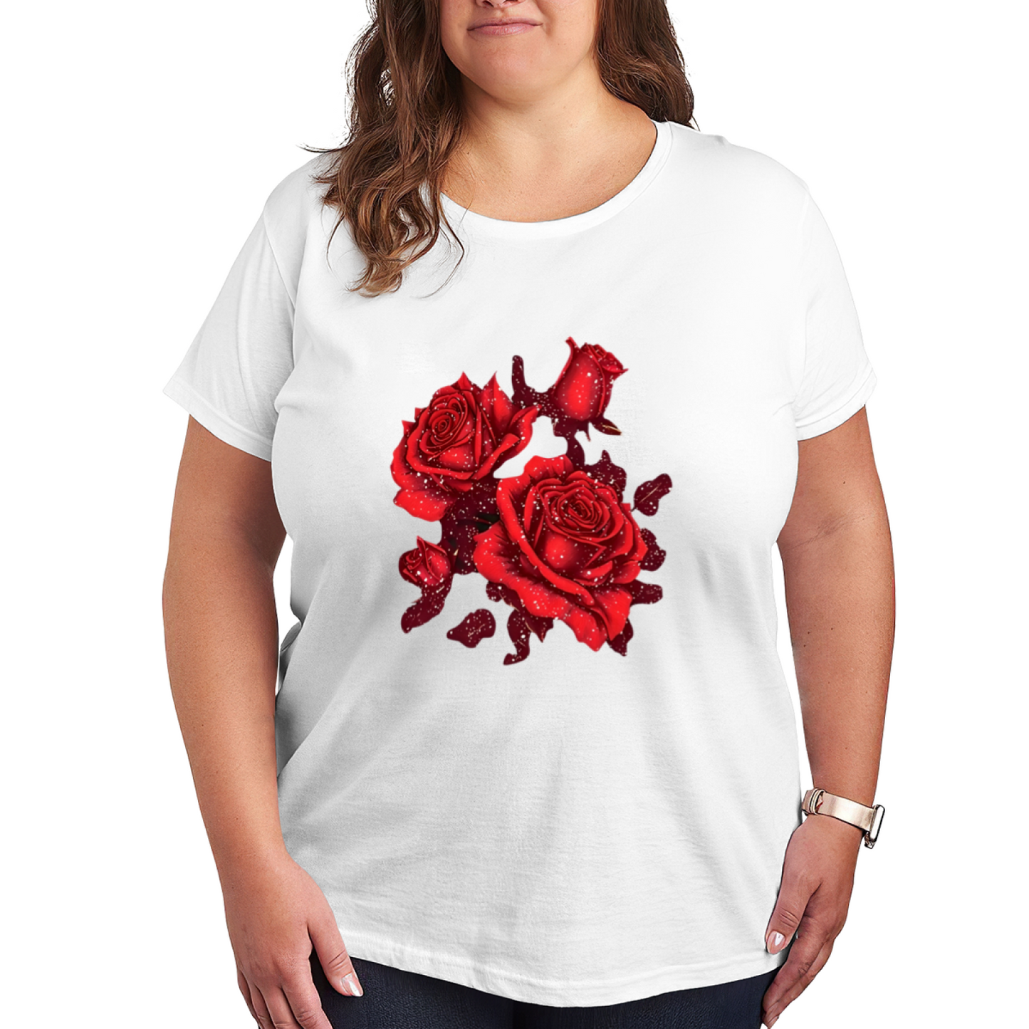 Glowing Red Rose Glitter Dark Background Plus Size Women¡¯s Printed T-Shirt