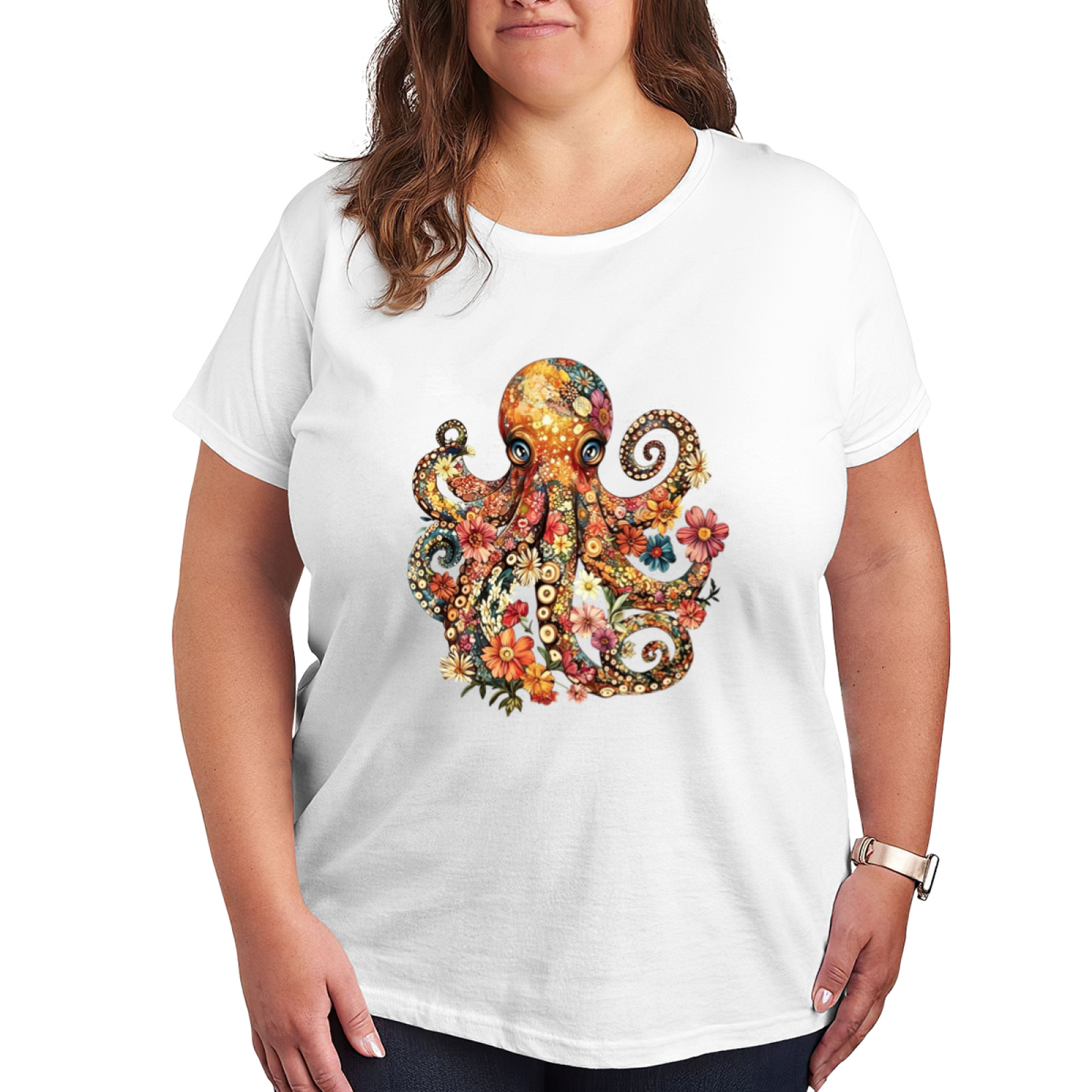 Boho Floral Octopus Vintage Art Plus Size Women Graphic Tee