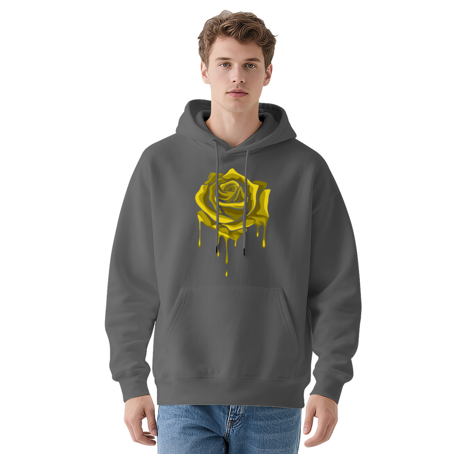 Dripping Yellow Rose Black Graphic Hoodie, Unisex Trendy Comfort Pullover