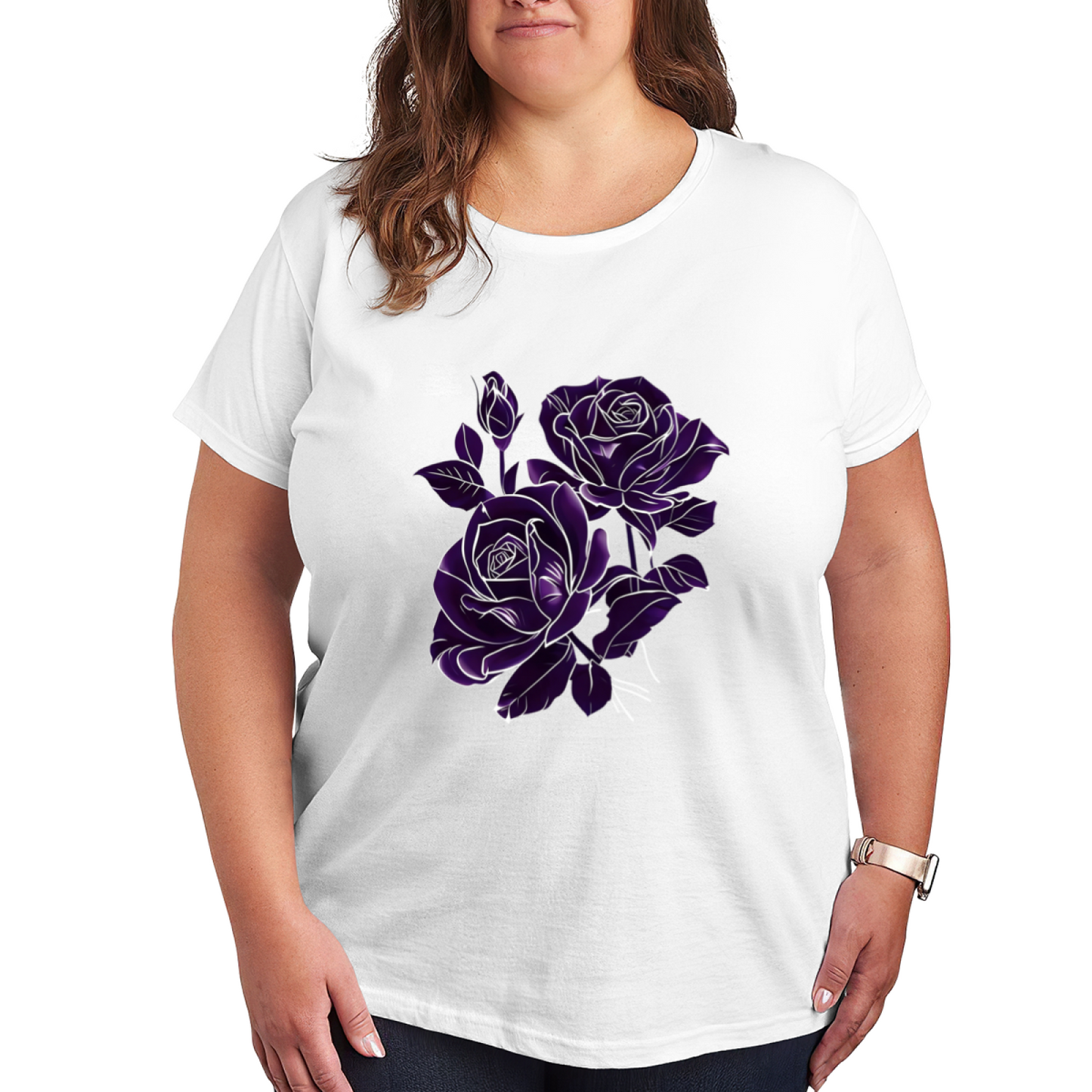 Neon Purple Outline Rose Glow Art Print Plus Size Women¡¯s Short Sleeve T-Shirt