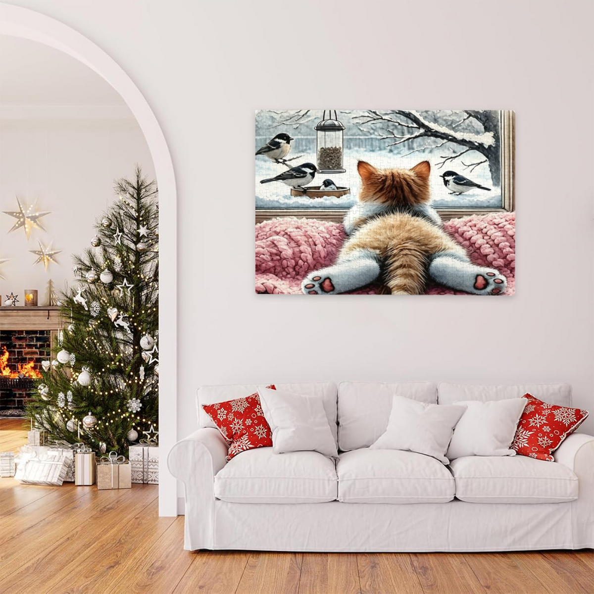 Fluffy Ginger Cat Watching Winter Chickadees Through Window Puzzle | 300/500/1000 Pieces