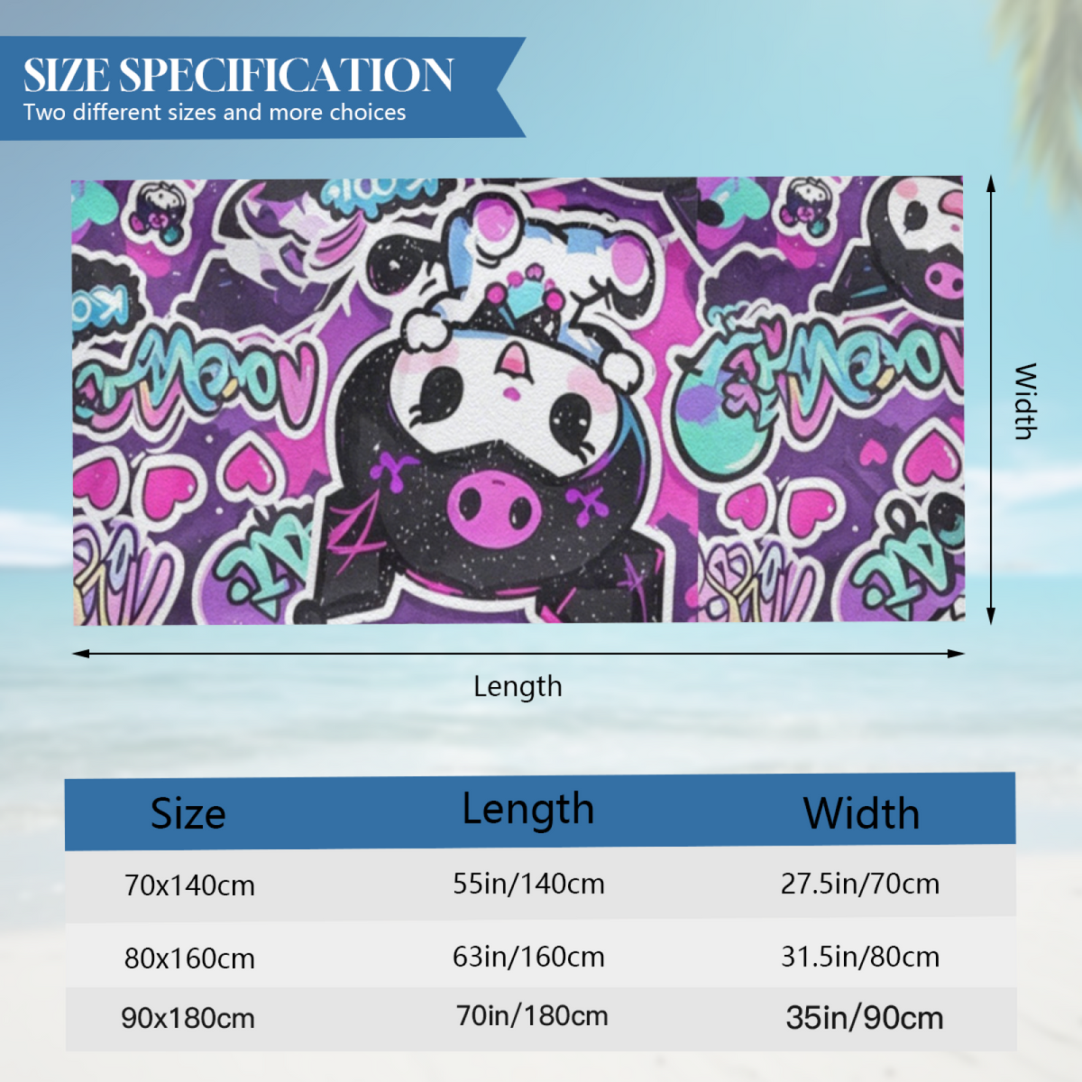 Cute Graffiti Kuromi Cartoon Print Beach Towel, Plush Skin?Friendly Soft & Fast Water Absorbent, Diverse Sizes In Stock, Comfortable Kawaii Towel for Teen Girls Summer