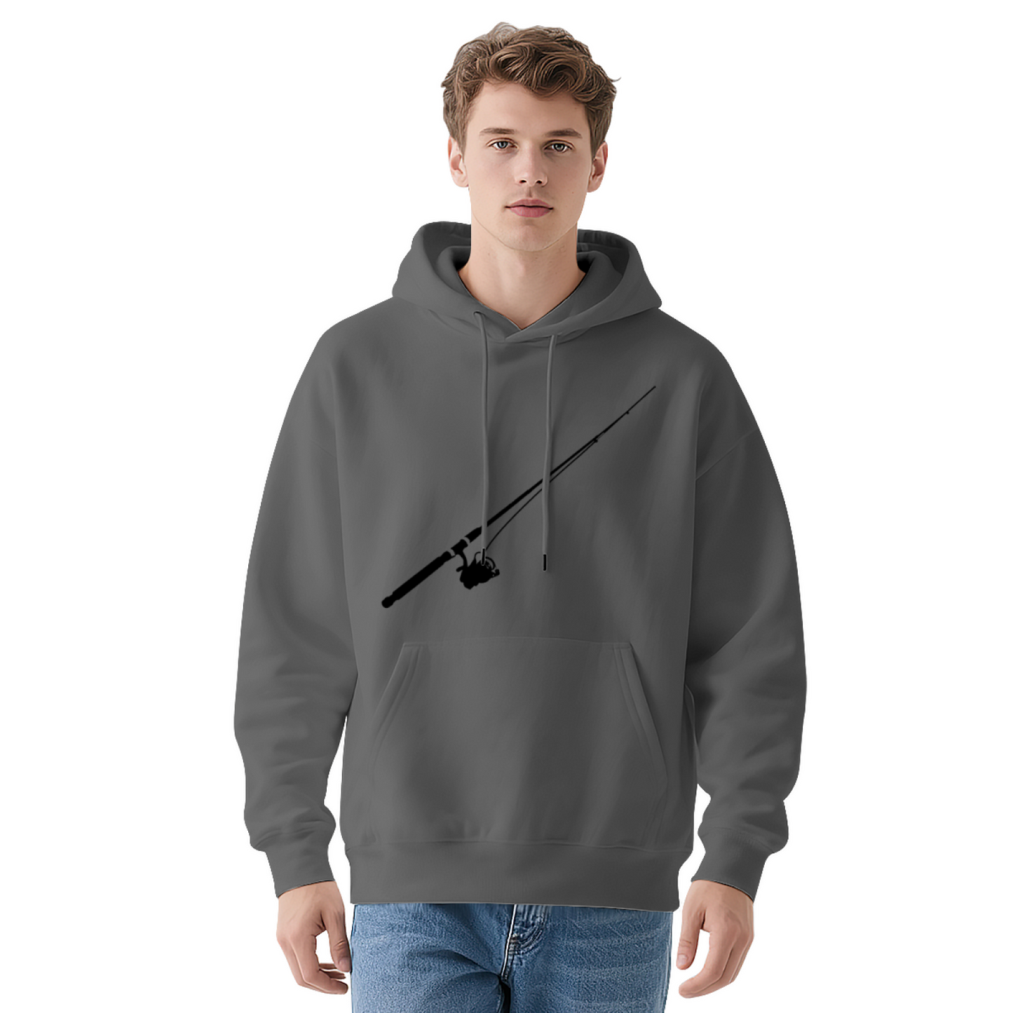 Minimal Fishing Rod Silhouette White Hoodie, Comfort Outdoor Fisherman Hooded Sweatshirt
