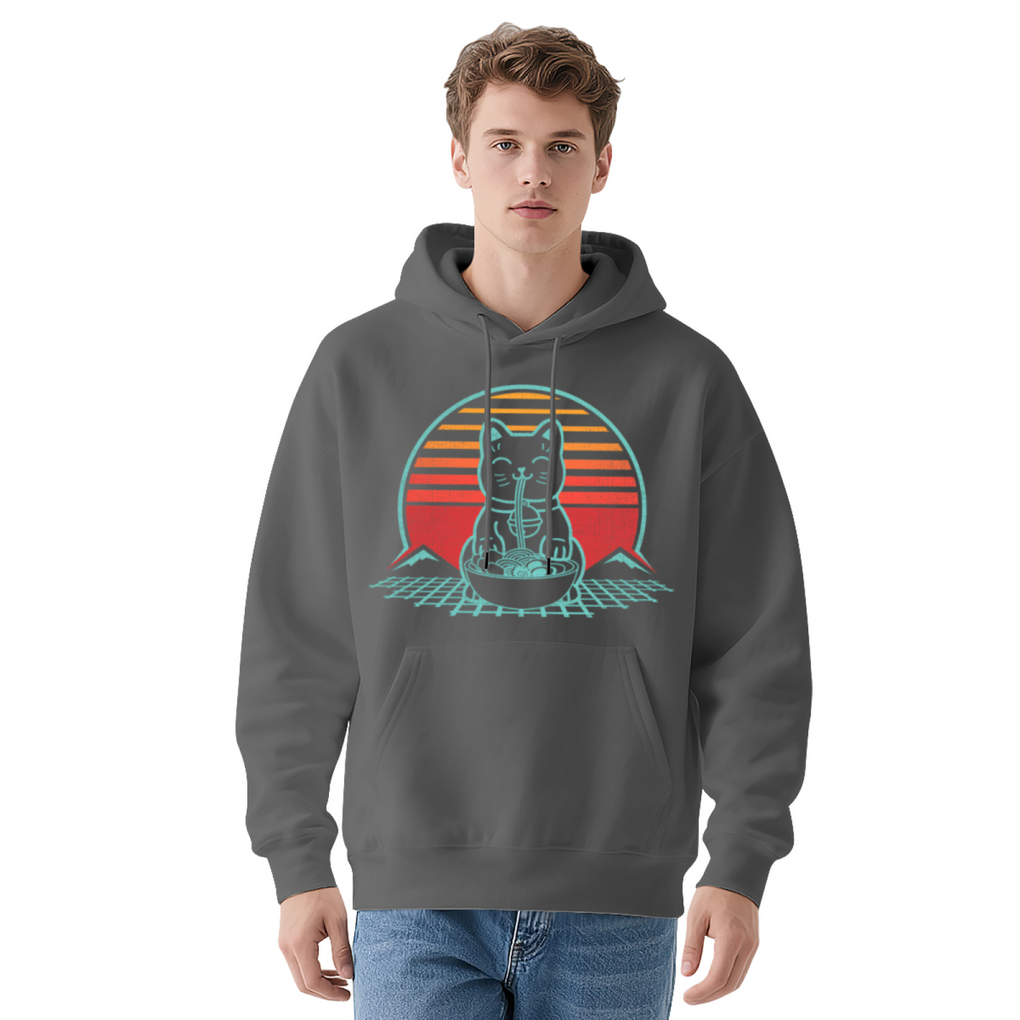 Retro Ramen Cat Sunset Graphic Hoodie, Cozy Street Comfort
