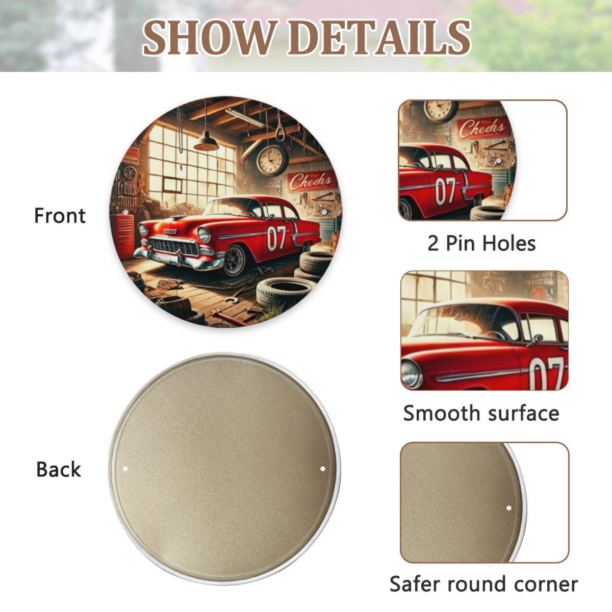 Retro Red Classic Car Garage Round Tin Sign Vintage Workshop Wall Decor