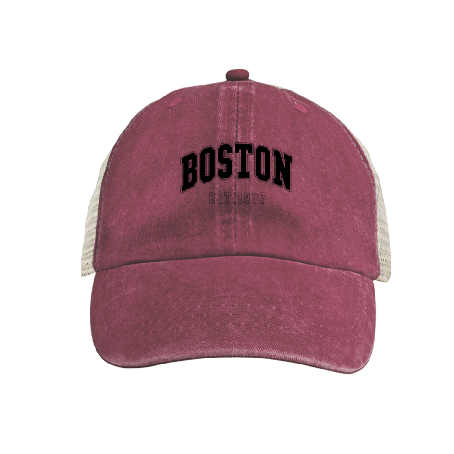 BOSTON EST.1997 Retro College Font Khaki Washed Mesh Trucker Hat, City Vintage Streetwear Cap